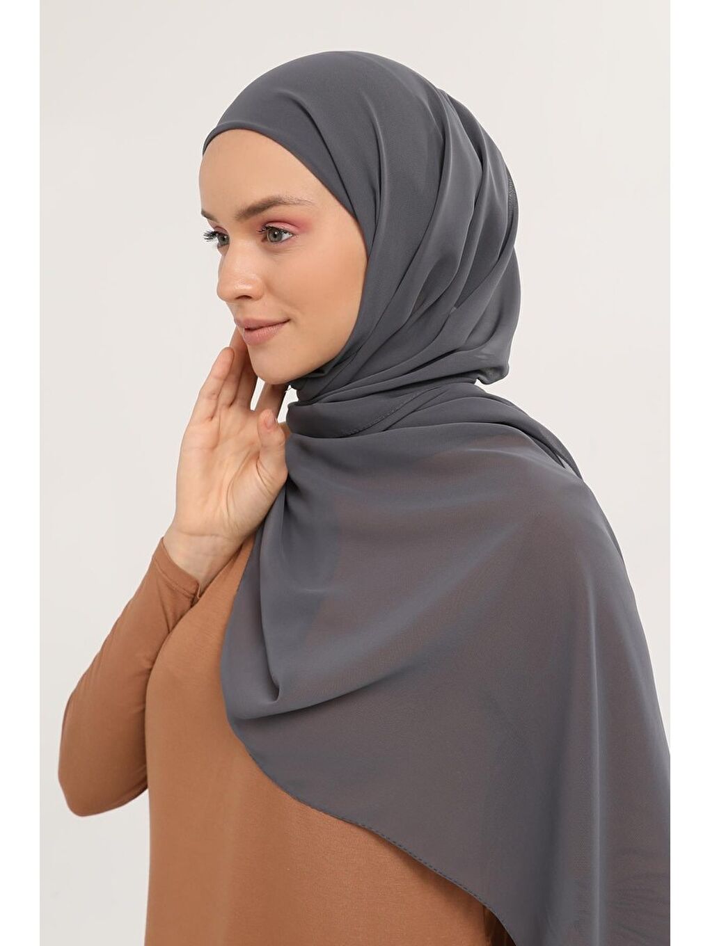 Gri Hazır Pratik Lüks Boru Boneli Şifon Şal-1