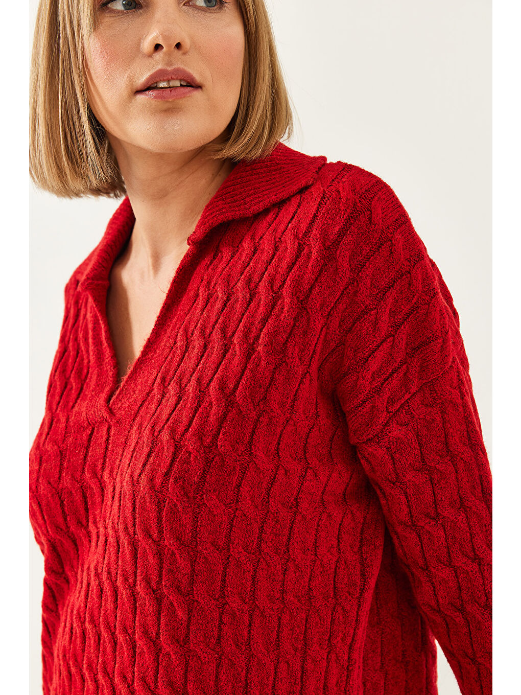 Kırmızı Kadın V Yaka Desenli Triko Kazak-4