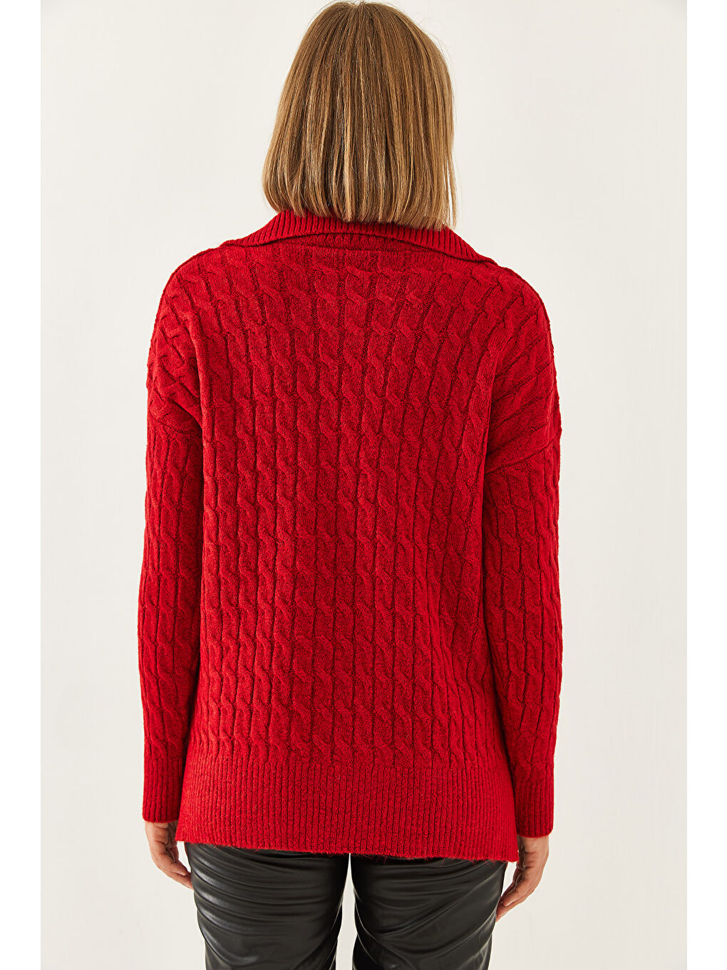 Kırmızı Kadın V Yaka Desenli Triko Kazak-5