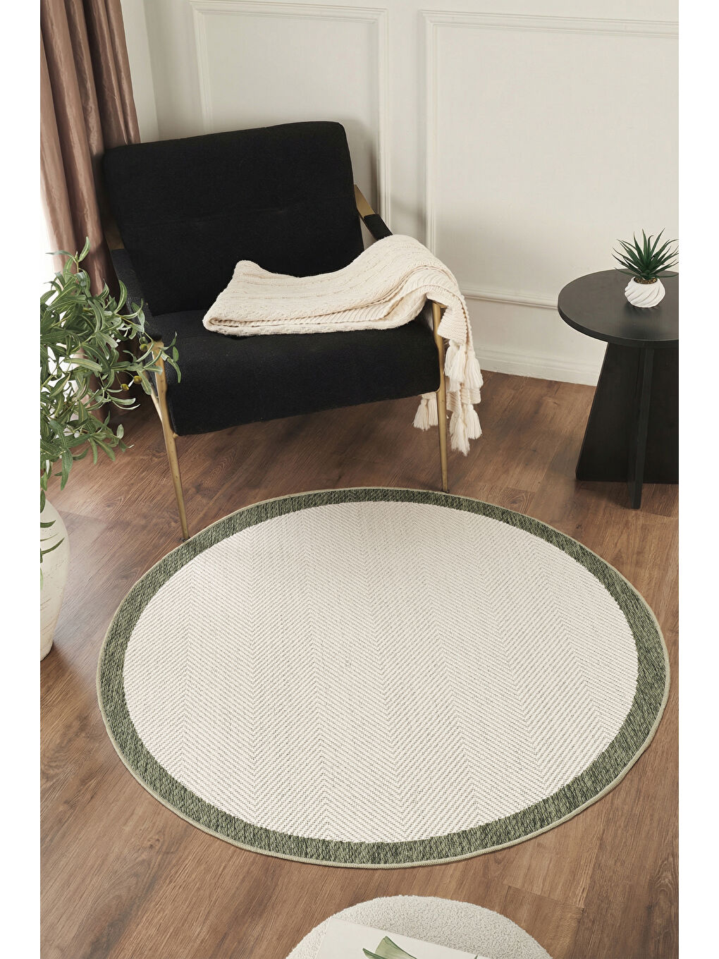 Ekru Sisalux 3090 Krem Yeşil Yuvarlak Sisal Dokuma Jüt Kilim Hav Toz Vermez Mutfak Oda Halısı-80x80