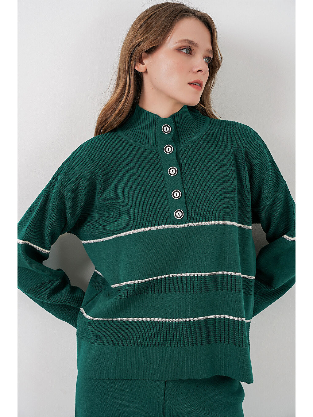 Kadın Çizgili Oversize Triko İkili Takım 15957 - Zümrüt Yeşili-2