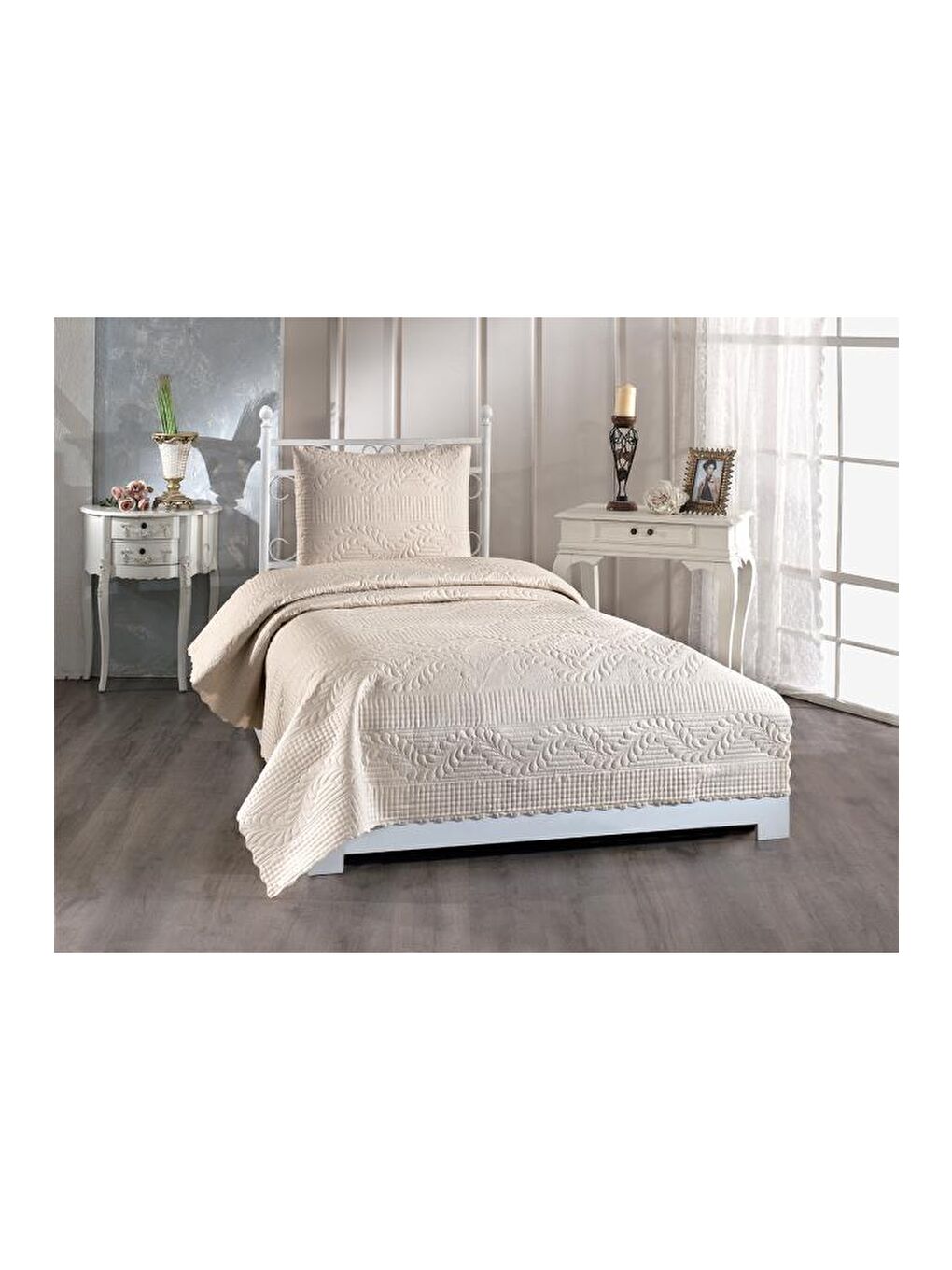 Karışık Ultrasonik Kapitoneli Sena Tek Kişilik Yatak Örtüsü Açık Cappucino-1