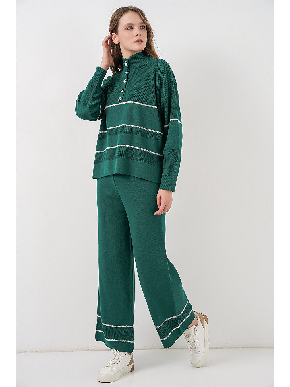 Kadın Çizgili Oversize Triko İkili Takım 15957 - Zümrüt Yeşili-3