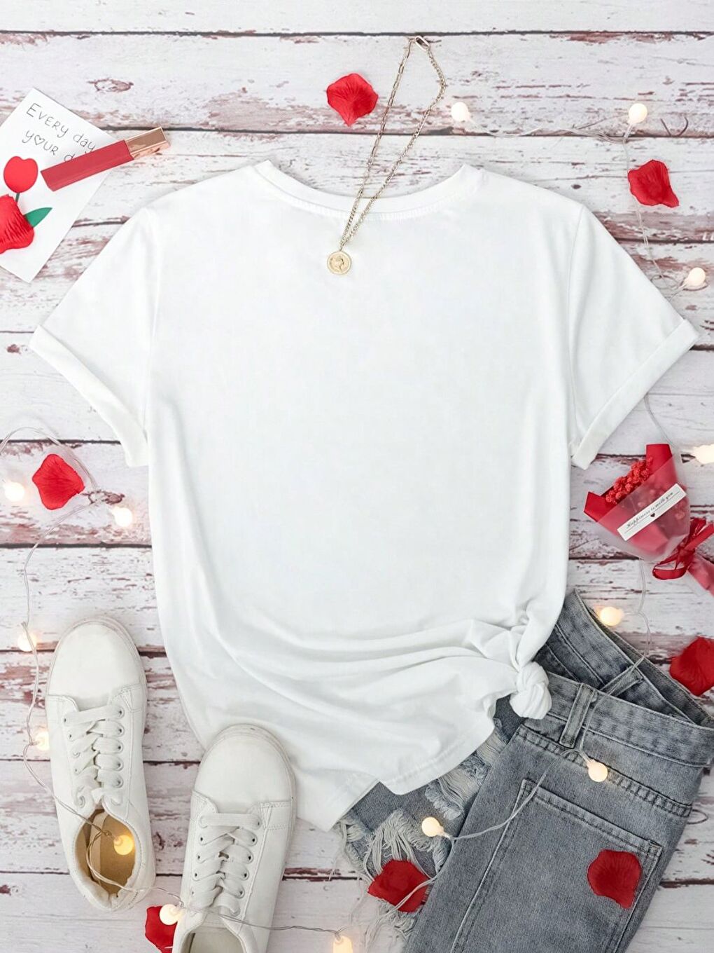 Harfli Kalp Baskılı 2 li Sevgili Kombini Set Oversize Erkek Kısa Kollu Tişört Beyaz-1