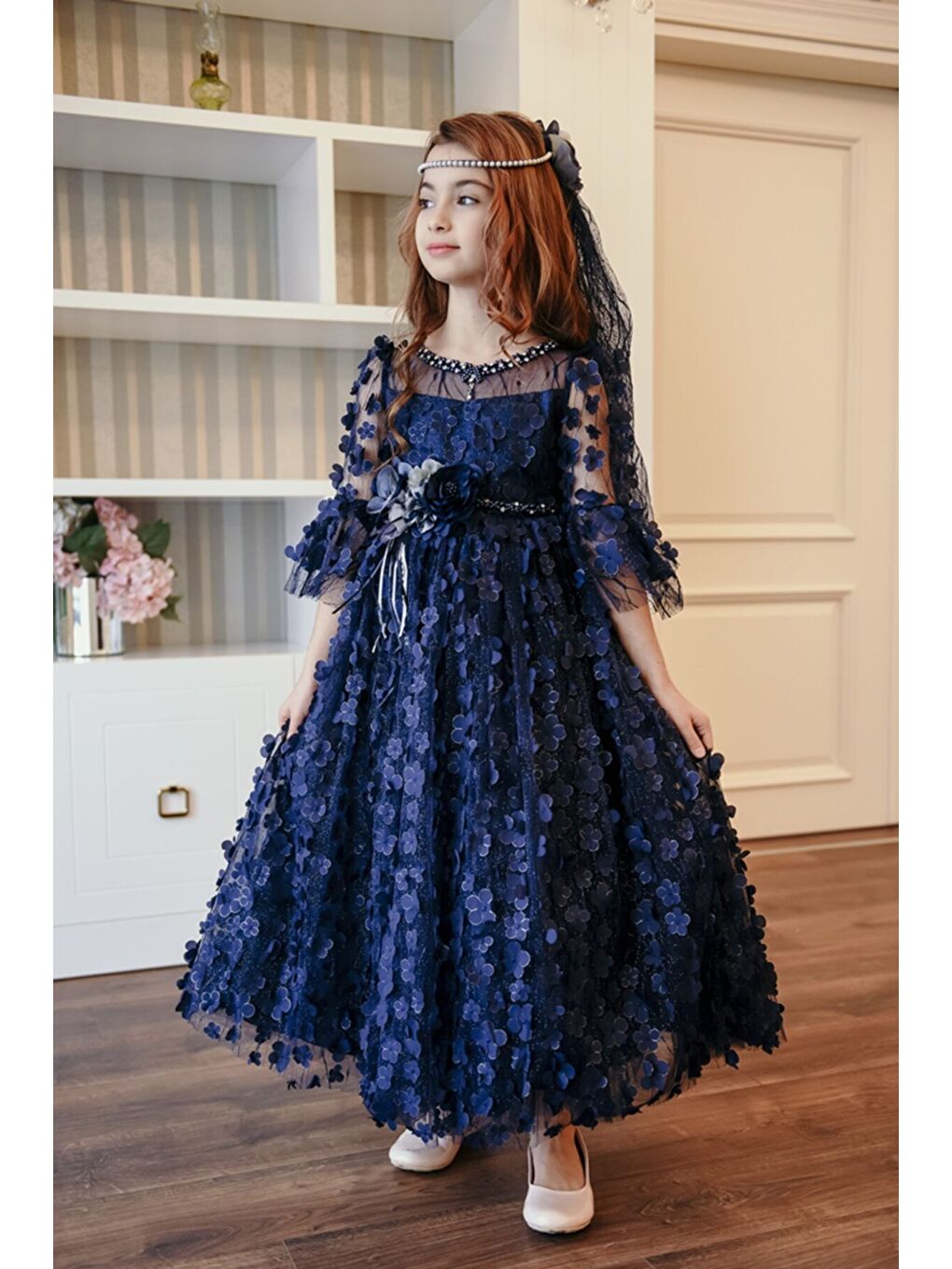 Lacivert Özel Tasarım Kız Çocuk Uzun Elbise, 3 Boyutlu Kumaş Ve Duvaklı Kız Çocuk Elbise, Gelinlik_M2046-1