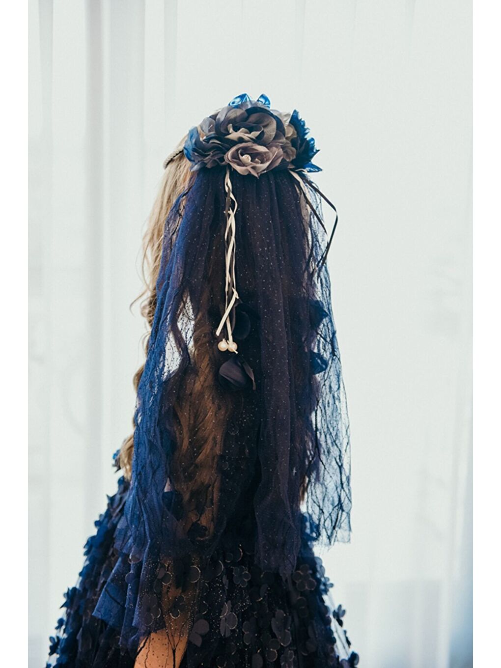 Lacivert Özel Tasarım Kız Çocuk Uzun Elbise, 3 Boyutlu Kumaş Ve Duvaklı Kız Çocuk Elbise, Gelinlik_M2046-2