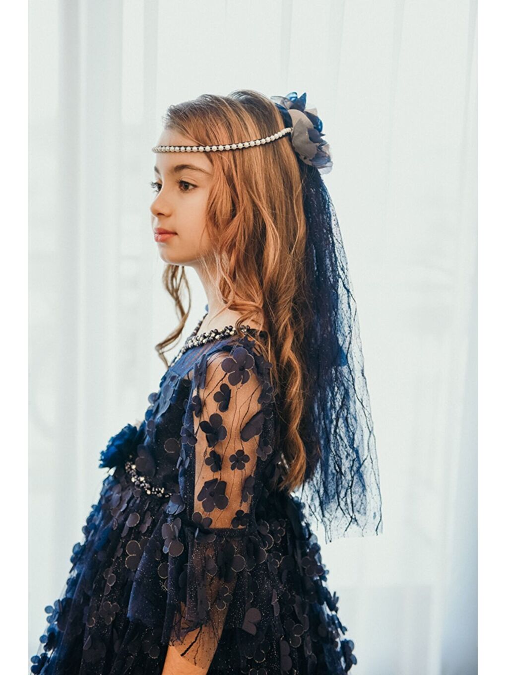 Lacivert Özel Tasarım Kız Çocuk Uzun Elbise, 3 Boyutlu Kumaş Ve Duvaklı Kız Çocuk Elbise, Gelinlik_M2046-3