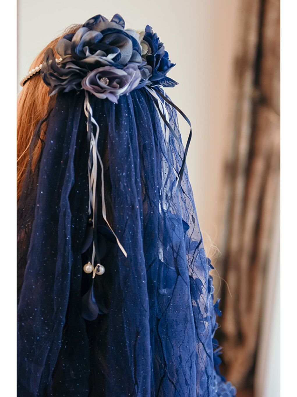 Lacivert Özel Tasarım Kız Çocuk Uzun Elbise, 3 Boyutlu Kumaş Ve Duvaklı Kız Çocuk Elbise, Gelinlik_M2046-4