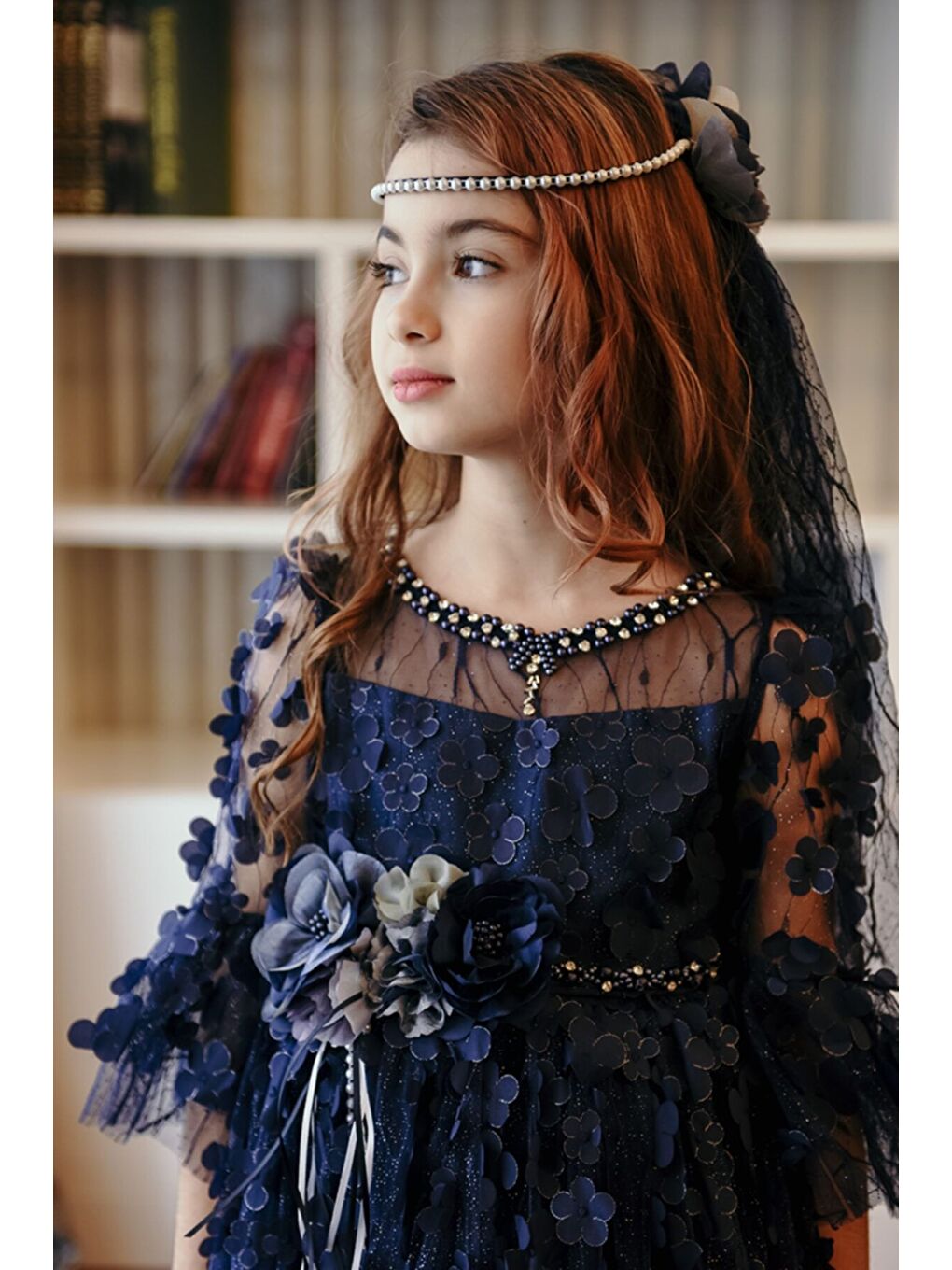 Lacivert Özel Tasarım Kız Çocuk Uzun Elbise, 3 Boyutlu Kumaş Ve Duvaklı Kız Çocuk Elbise, Gelinlik_M2046-5