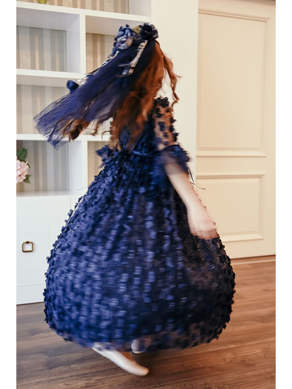 Lacivert Özel Tasarım Kız Çocuk Uzun Elbise, 3 Boyutlu Kumaş Ve Duvaklı Kız Çocuk Elbise, Gelinlik_M2046-6