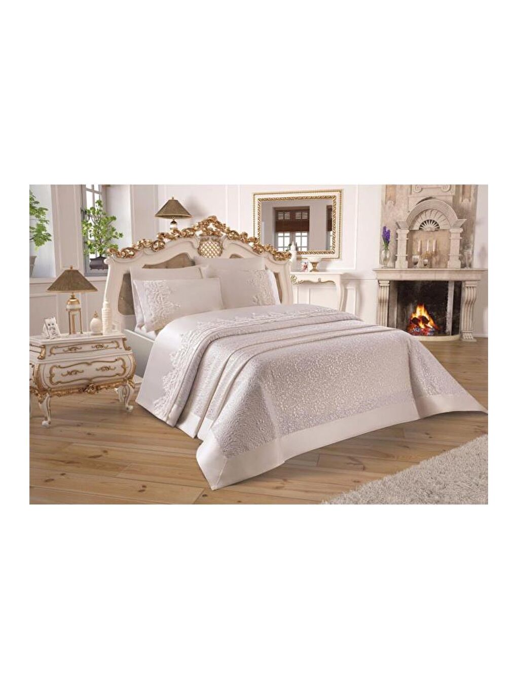 Karışık Çeyizdiyarı Fransız Güpürlü Diana Gelin Seti 7 Parça Krem-2