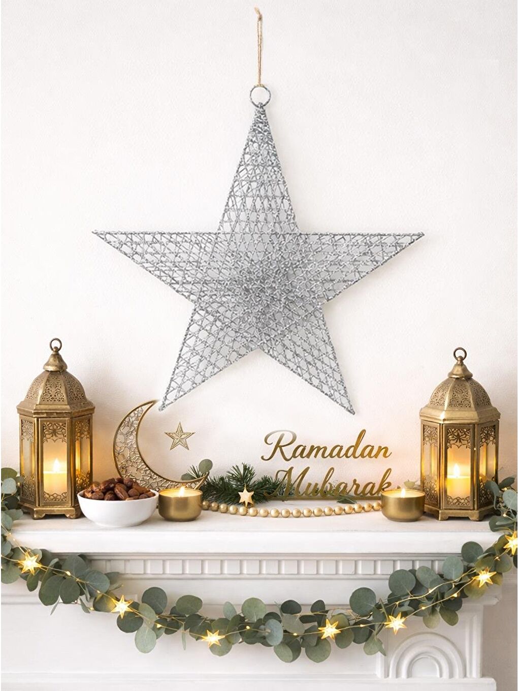 Gri Ramazan Temalı Gümüş Tel Yıldız Duvar & Kapı Süsü 30 cm