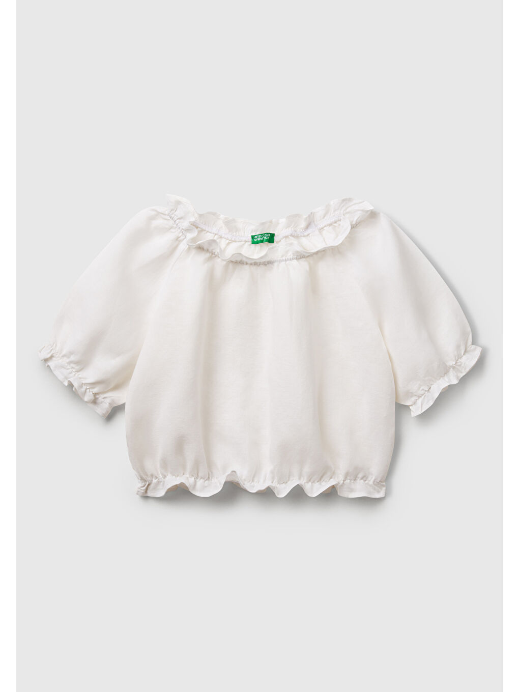Kız Çocuk Beyaz Keten Karışımlı Büzgü Dikişli Kısa Kollu Bluz