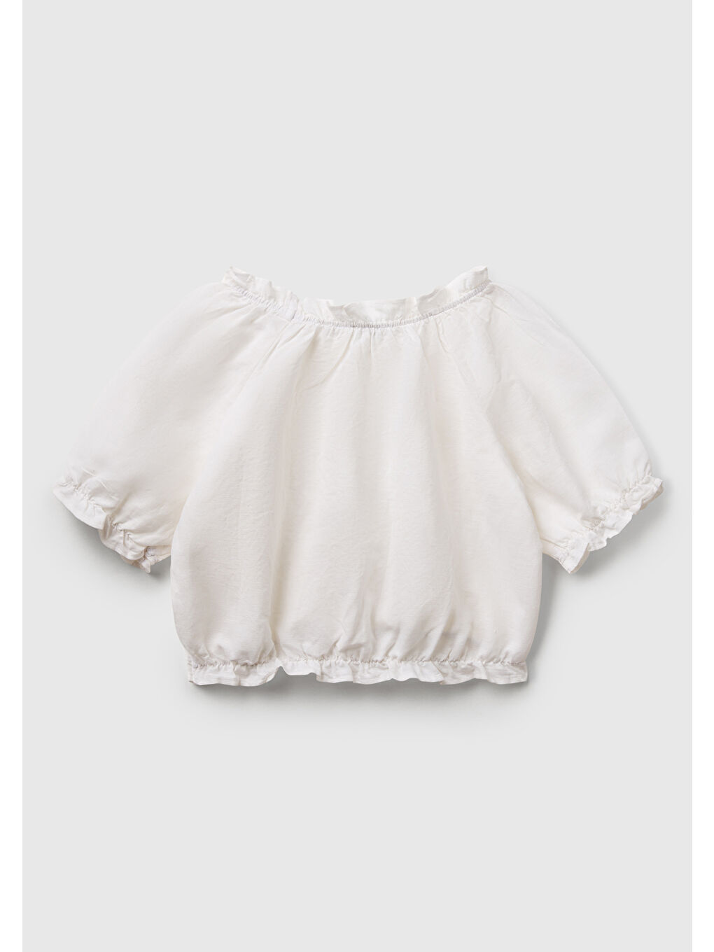 Kız Çocuk Beyaz Keten Karışımlı Büzgü Dikişli Kısa Kollu Bluz-1