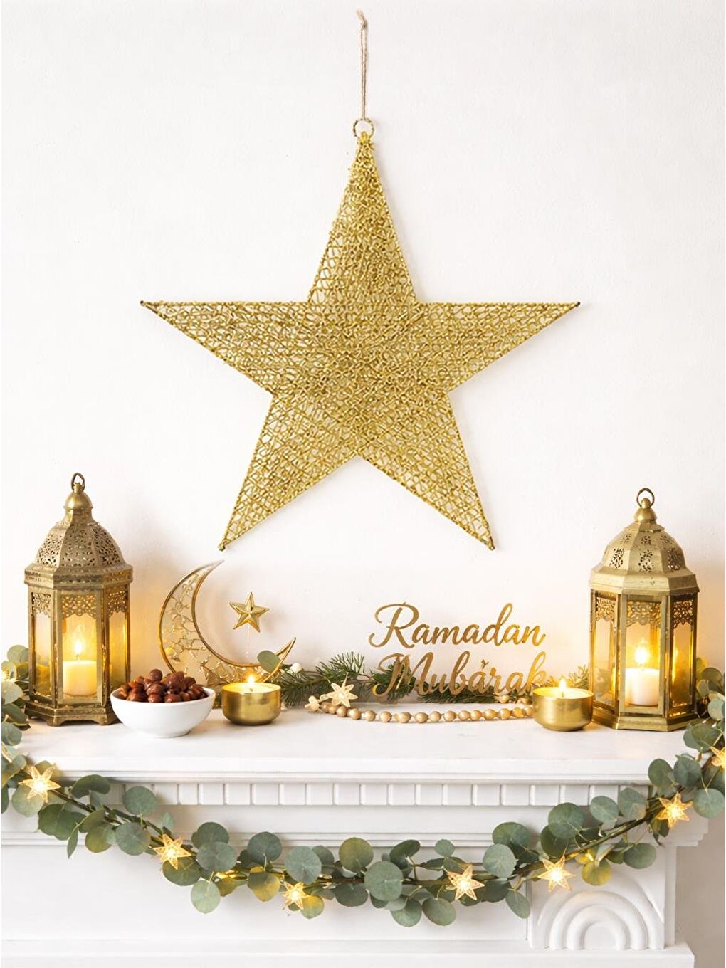 Sarı Ramazan Temalı Altın Tel Yıldız Duvar & Kapı Süsü 30 cm