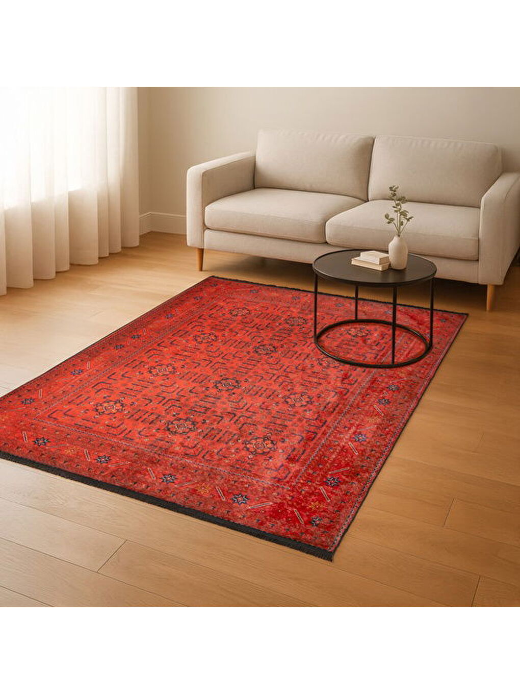 Soft Atlas Afgan Desenli Halı - Kırmızı - 160x230 cm