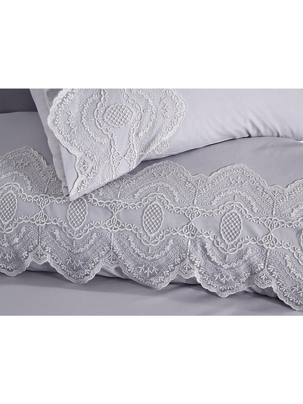 Karışık Fransız Dantelli Eslem Çeyizlik Nevresim Takımı Gri-1