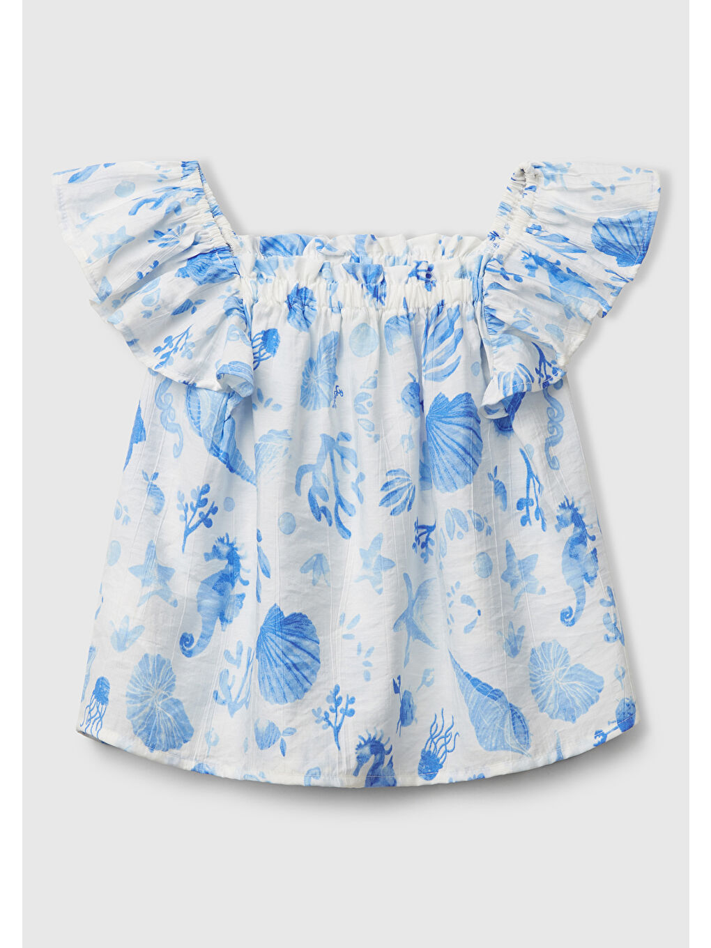 Kız Çocuk Mavi Viskoz Karışımlı Baskılı Hafif Bol Kesim Omuz Askılı Üst-1