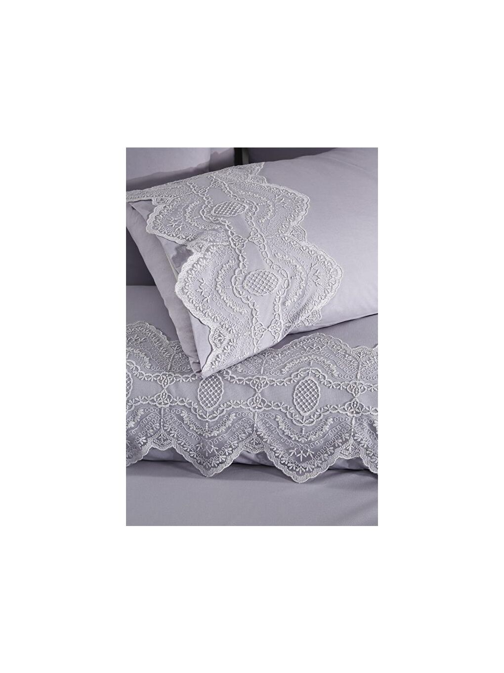 Karışık Fransız Dantelli Eslem Çeyizlik Nevresim Takımı Gri-4