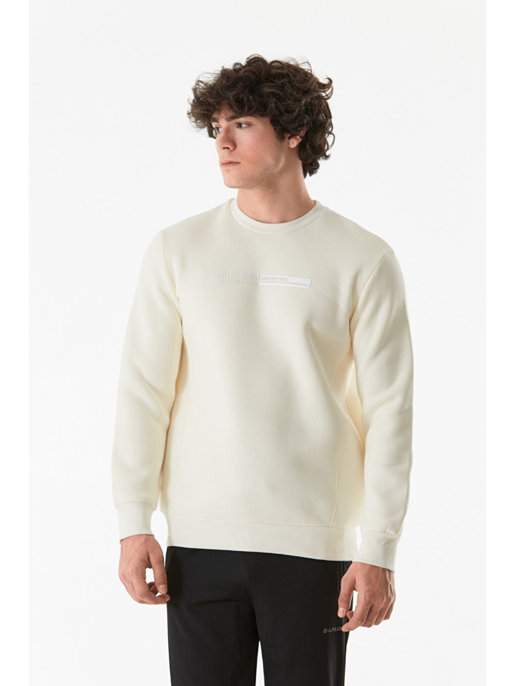 Fullamoda Ekru Kabartma Baskılı Bisiklet Yaka Sweatshirt - 1