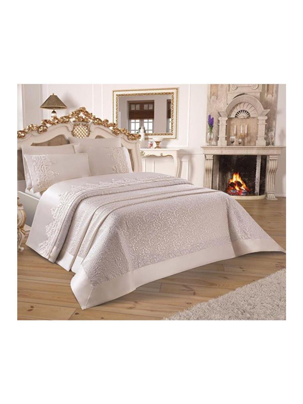 Karışık Çeyizdiyarı Fransız Güpürlü Diana Pike Seti 3 Parça Krem-2