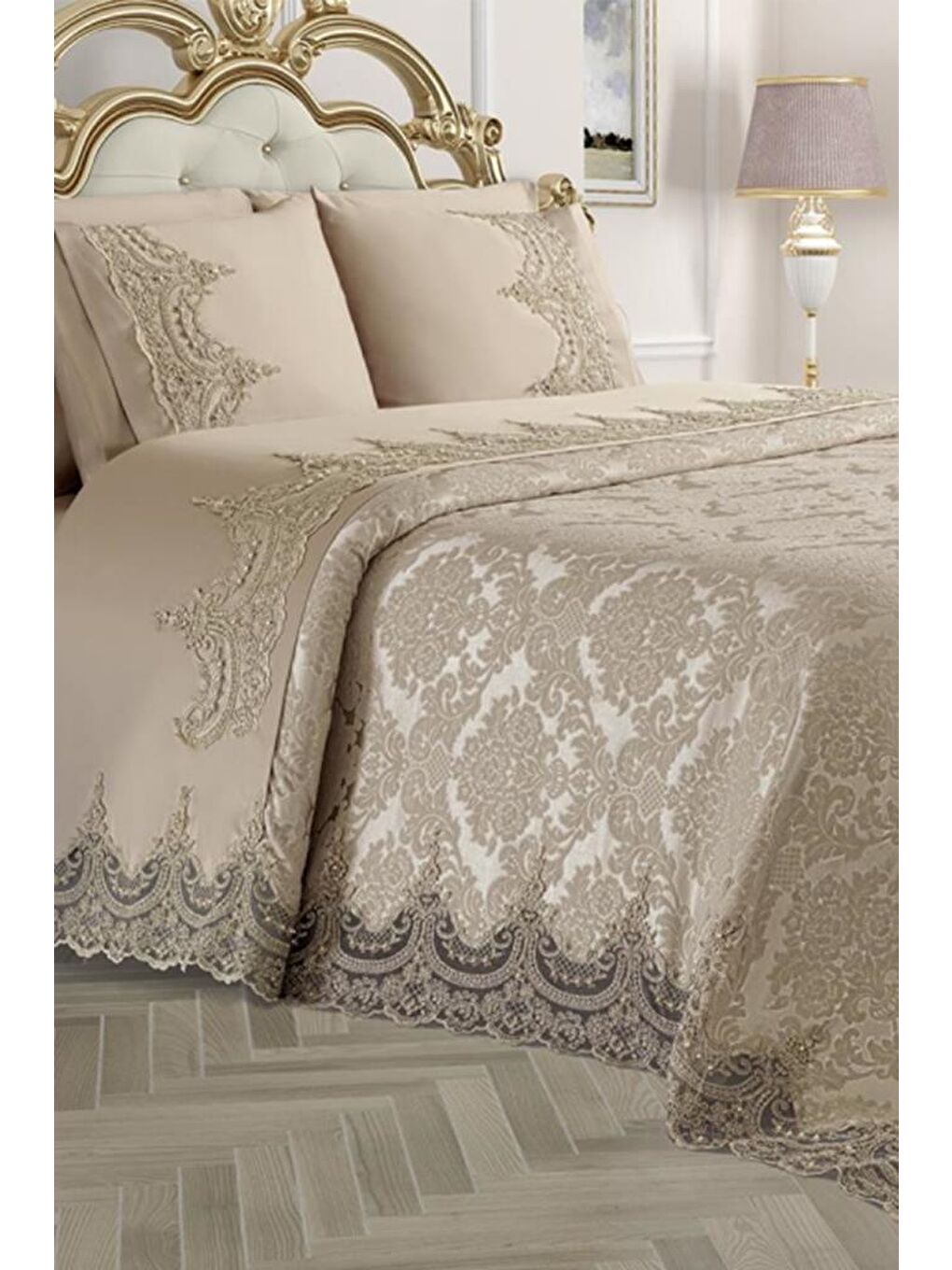 Karışık Fransız Güpürlü Çeyizlik Pike Takımı Arus Bej