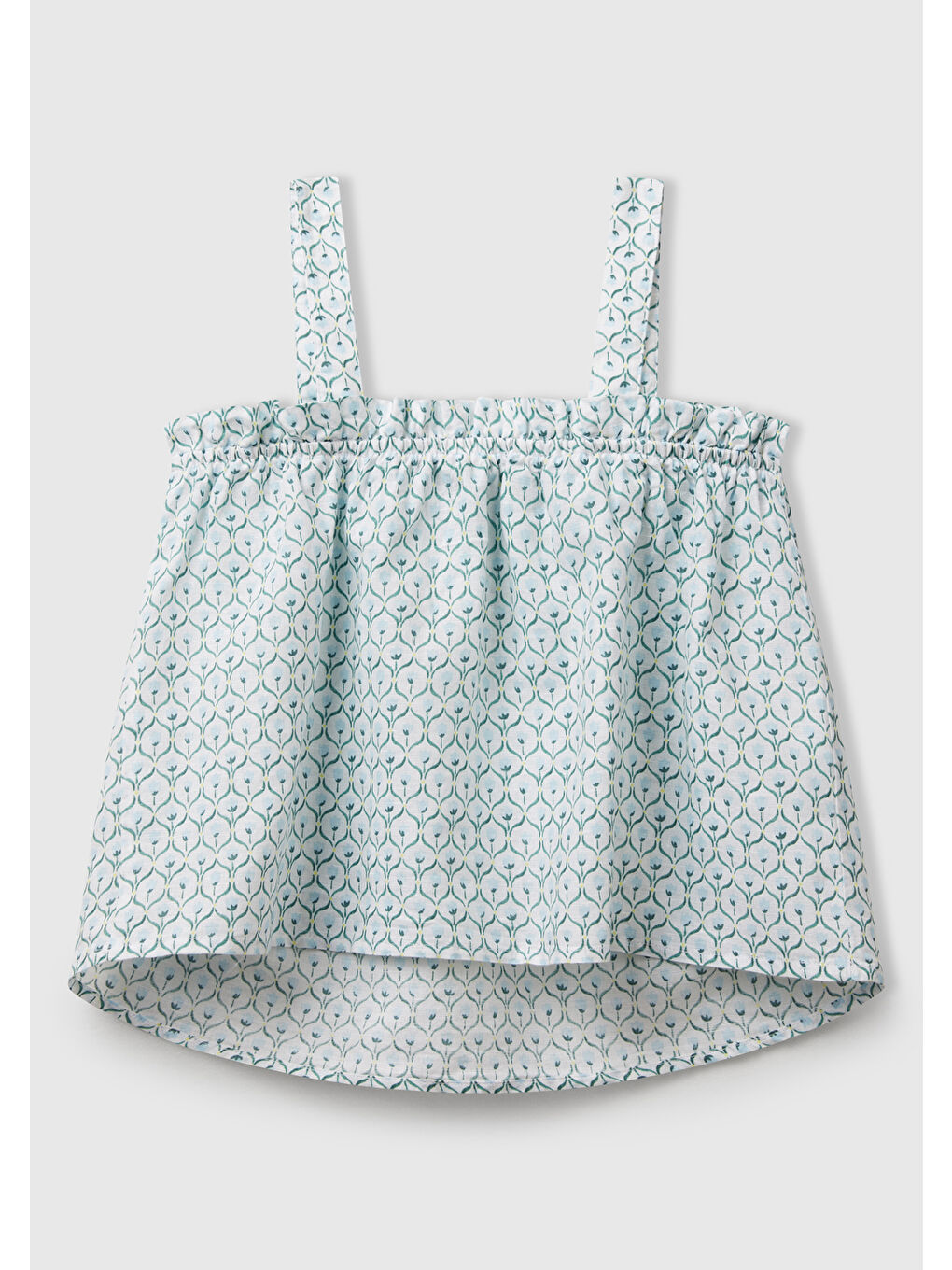 Kız Çocuk Buz Mavi Keten Karışımlı Tamamı Desenli Fırfırlı Askılı Üst-1