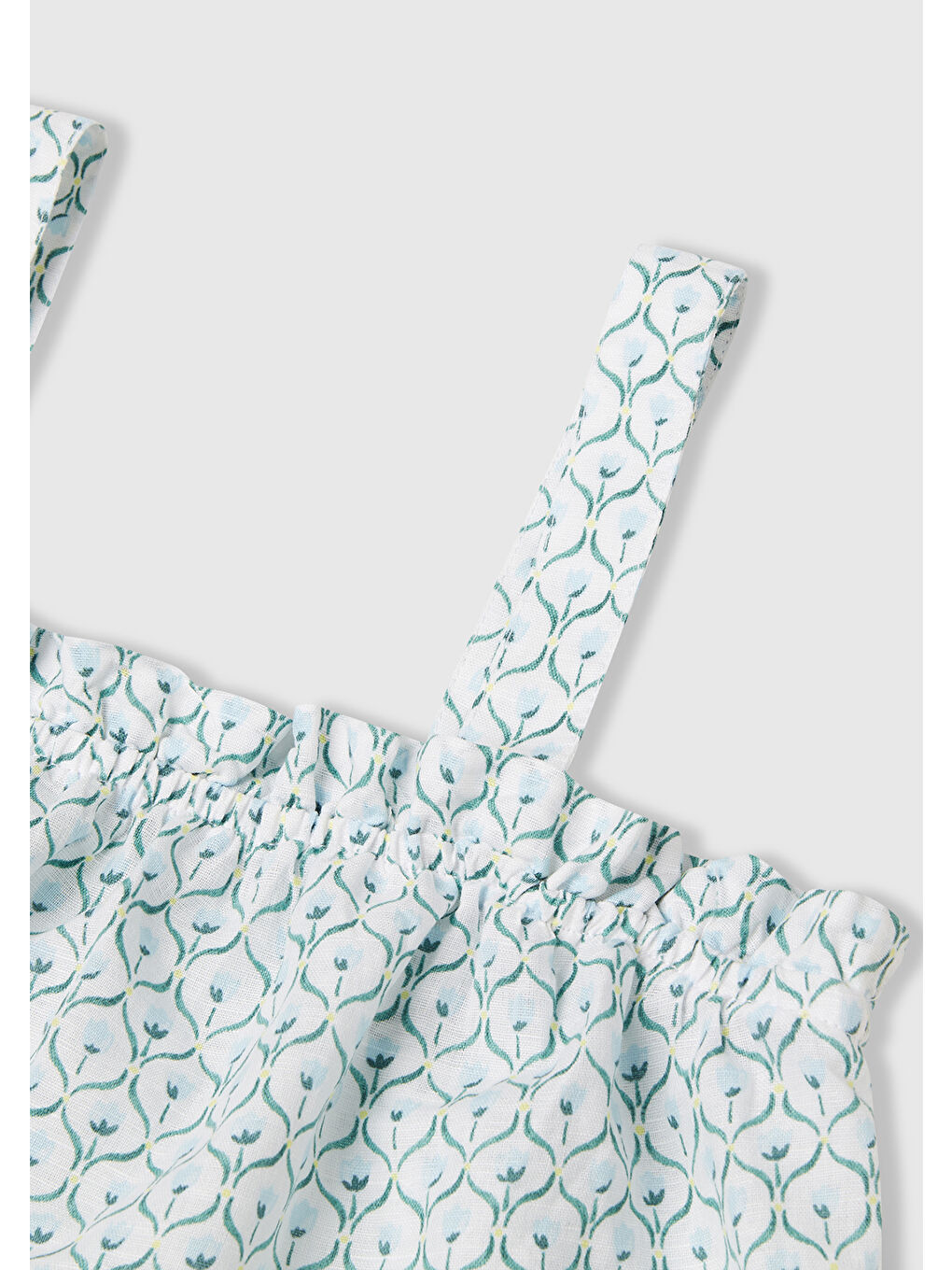 Kız Çocuk Buz Mavi Keten Karışımlı Tamamı Desenli Fırfırlı Askılı Üst-2