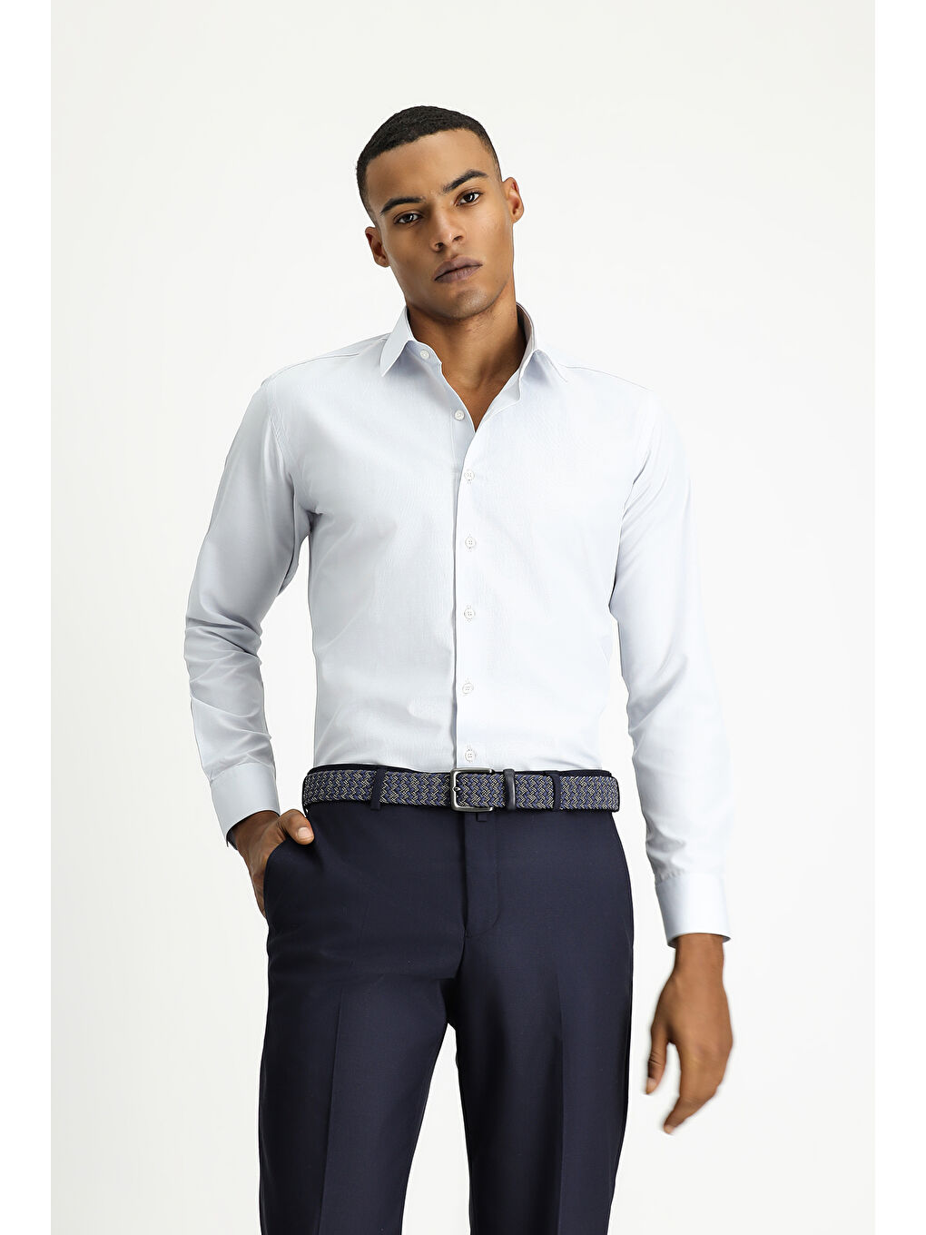 Gri Uzun Kol Slim Fit Dar Kesim Klasik Desenli Pamuklu Kolay Ütülenebilir Gömlek-2