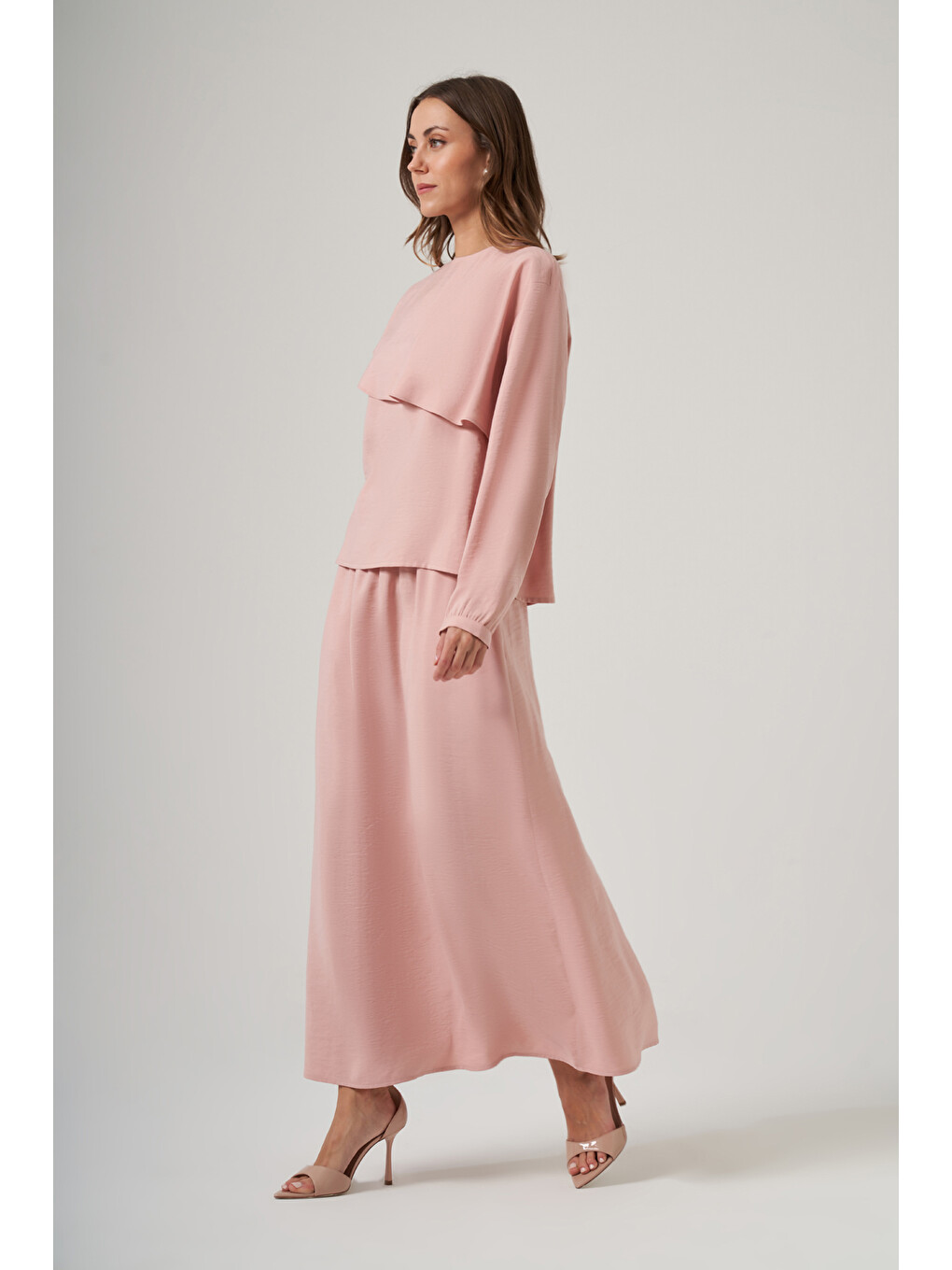 Pembe Önü Fırfır Detay Etekli Modal Takım 1088 Pudra-2