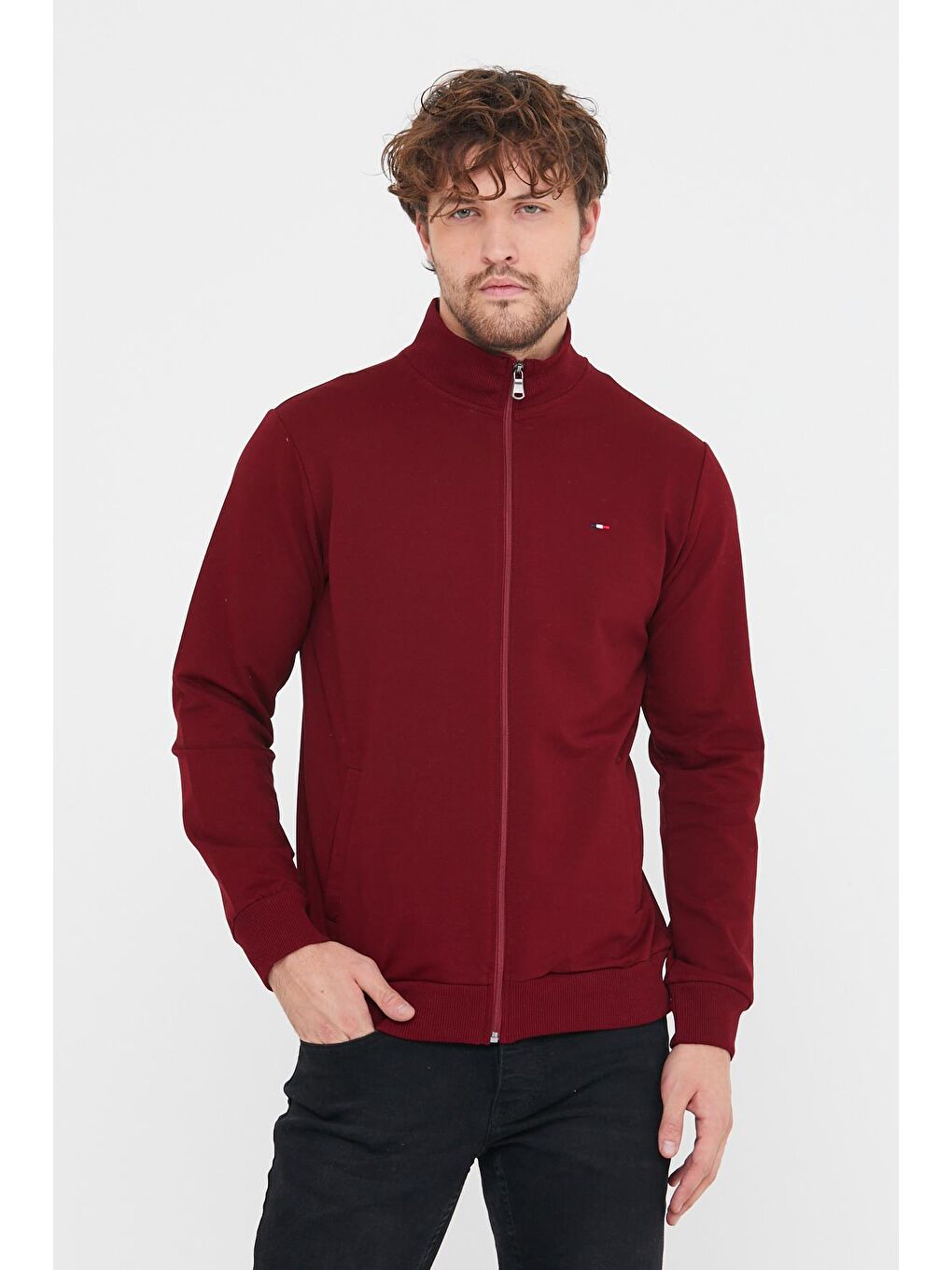 MMETALIC Bordo Erkek Bordo Uzun Kollu Önü Fermuarlı Sweatshirt  MTLCE8293-Bordo