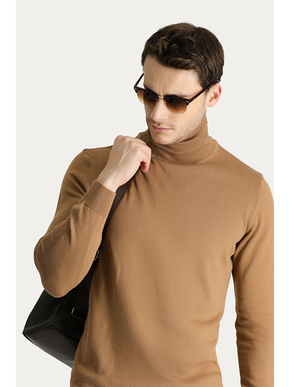 Kahverengi Balıkçı Yaka Regular Fit Pamuklu Triko Büyük Beden Kazak-1