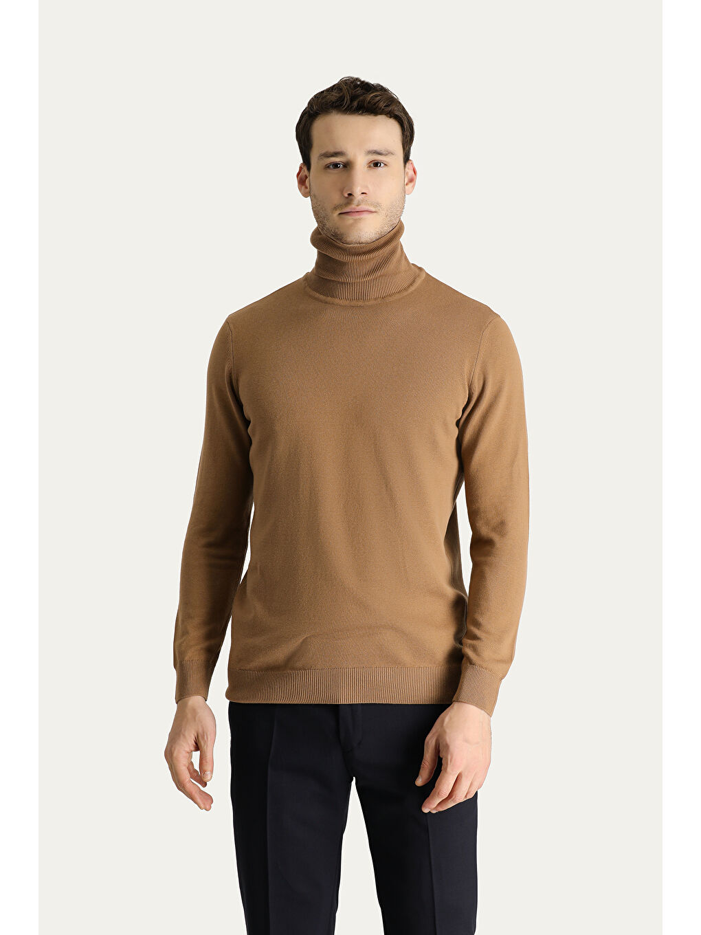 Kahverengi Balıkçı Yaka Regular Fit Pamuklu Triko Büyük Beden Kazak-2