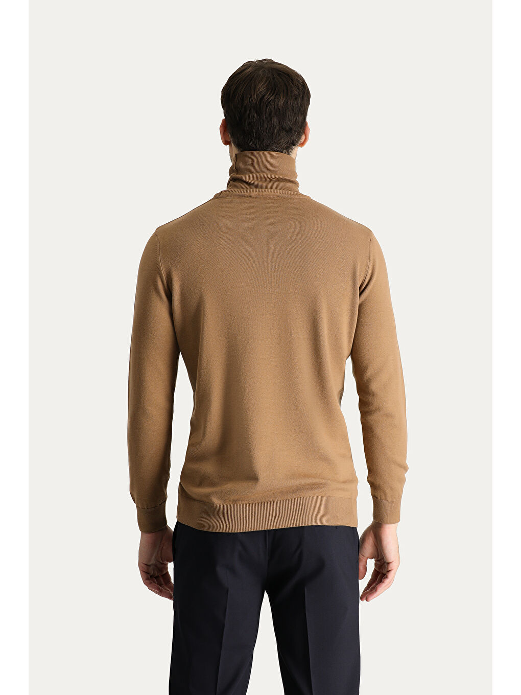 Kahverengi Balıkçı Yaka Regular Fit Pamuklu Triko Büyük Beden Kazak-3