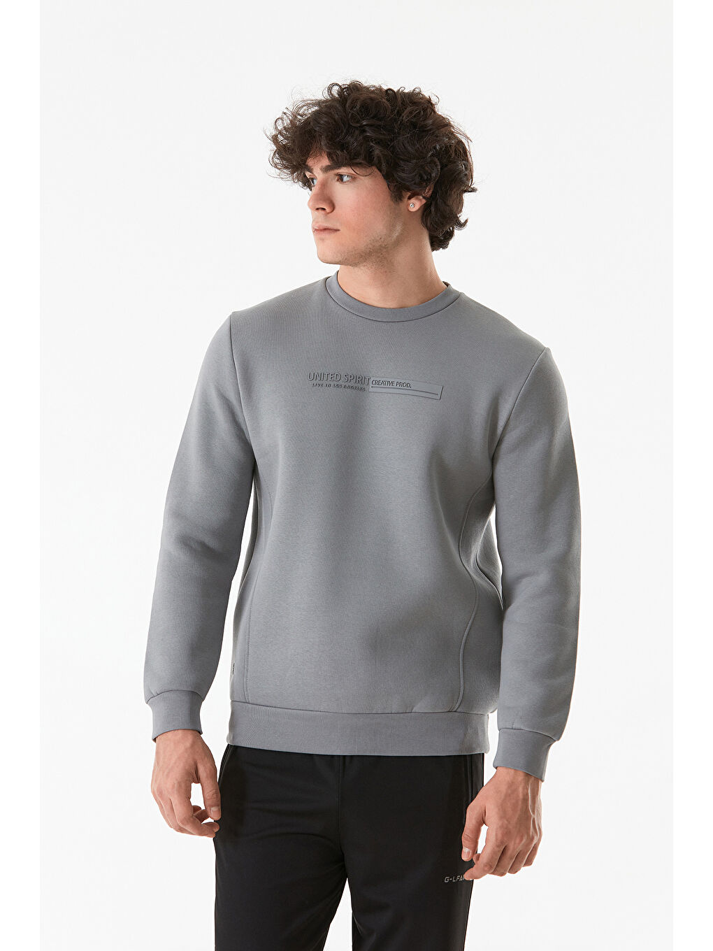 Fullamoda Gri Kabartma Baskılı Bisiklet Yaka Sweatshirt - 1