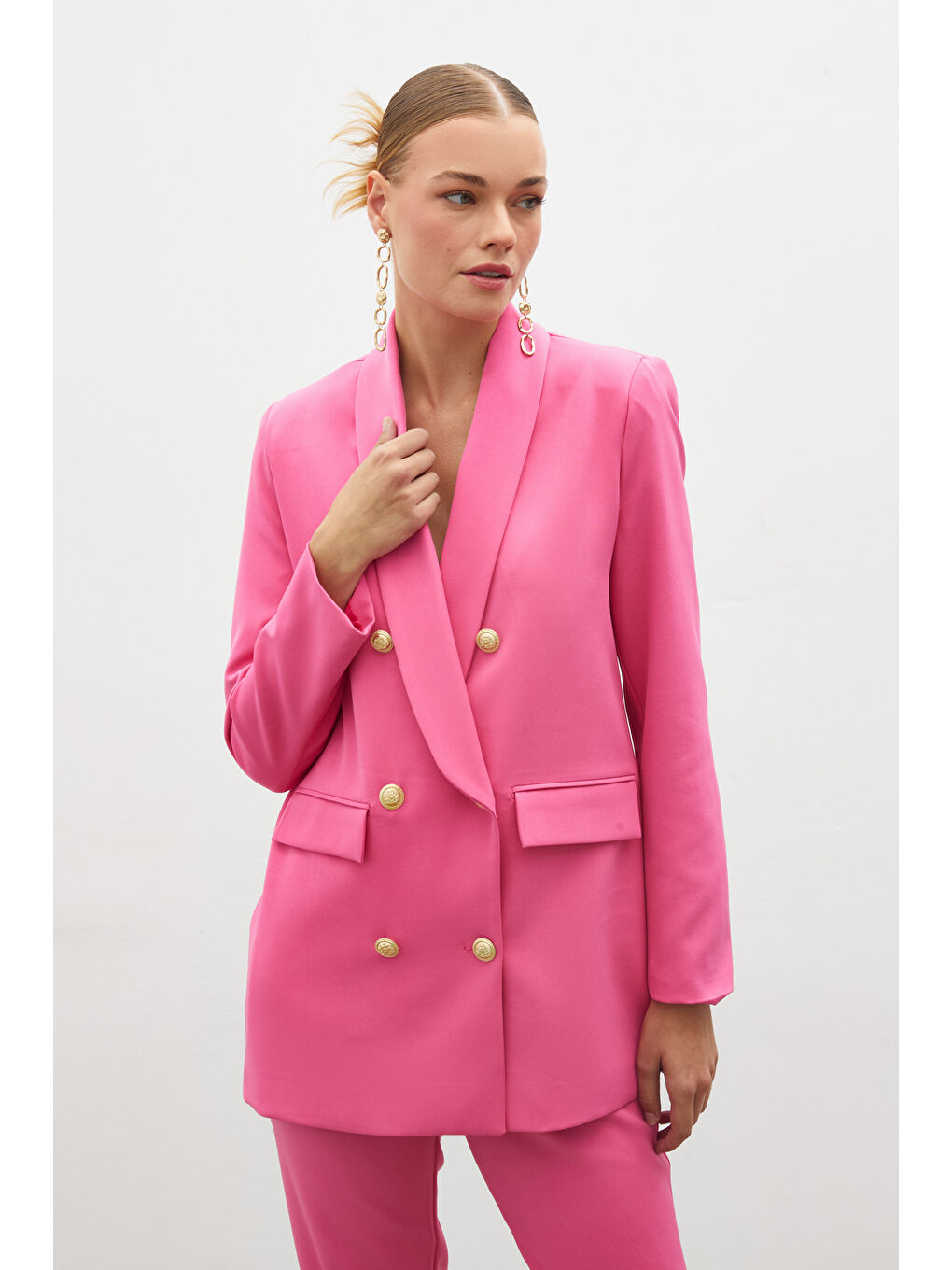 SATEEN Düğme Detaylı Kruvaze Ceket - Pembe - 1