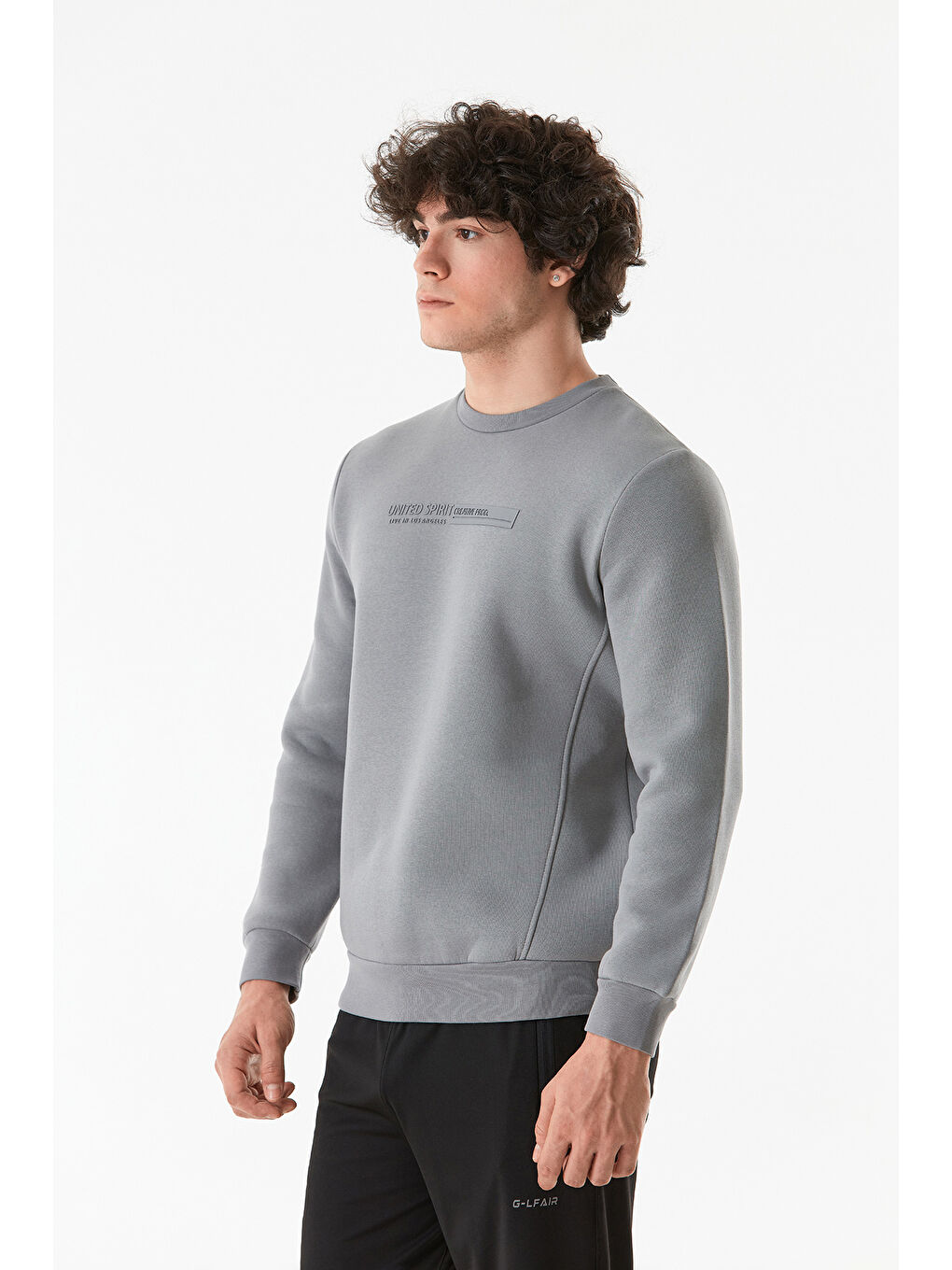 Fullamoda Gri Kabartma Baskılı Bisiklet Yaka Sweatshirt - 3