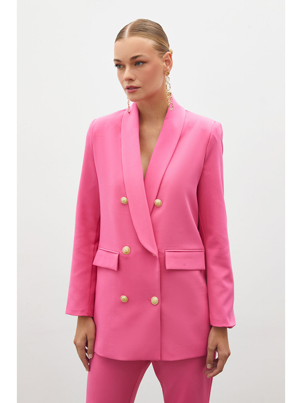 SATEEN Düğme Detaylı Kruvaze Ceket - Pembe - 2