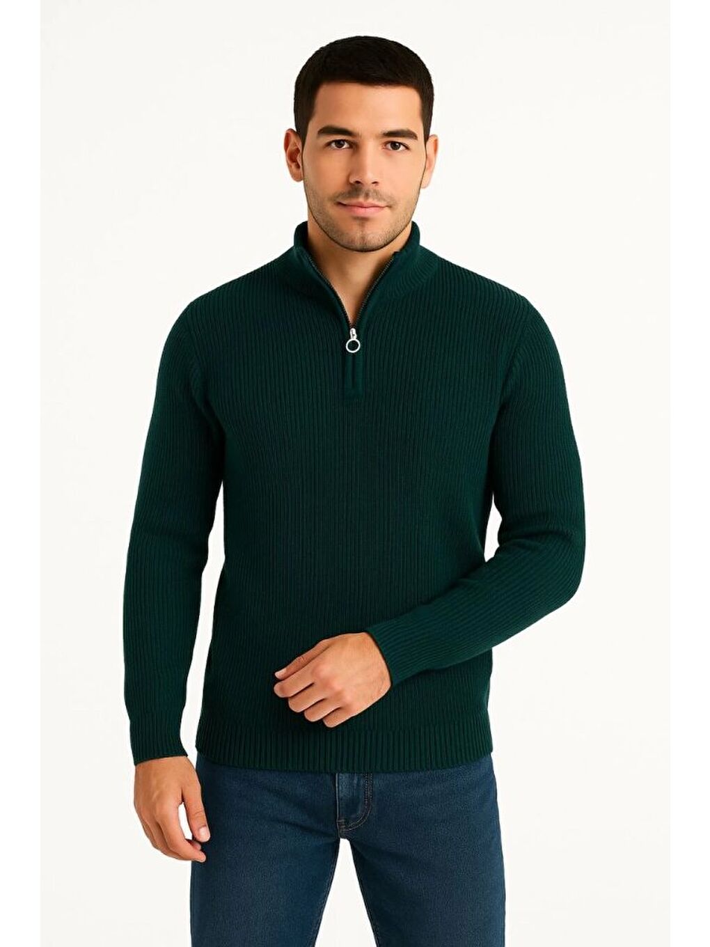Haki Erkek Yarım Fermuarlı Triko Kazak-1