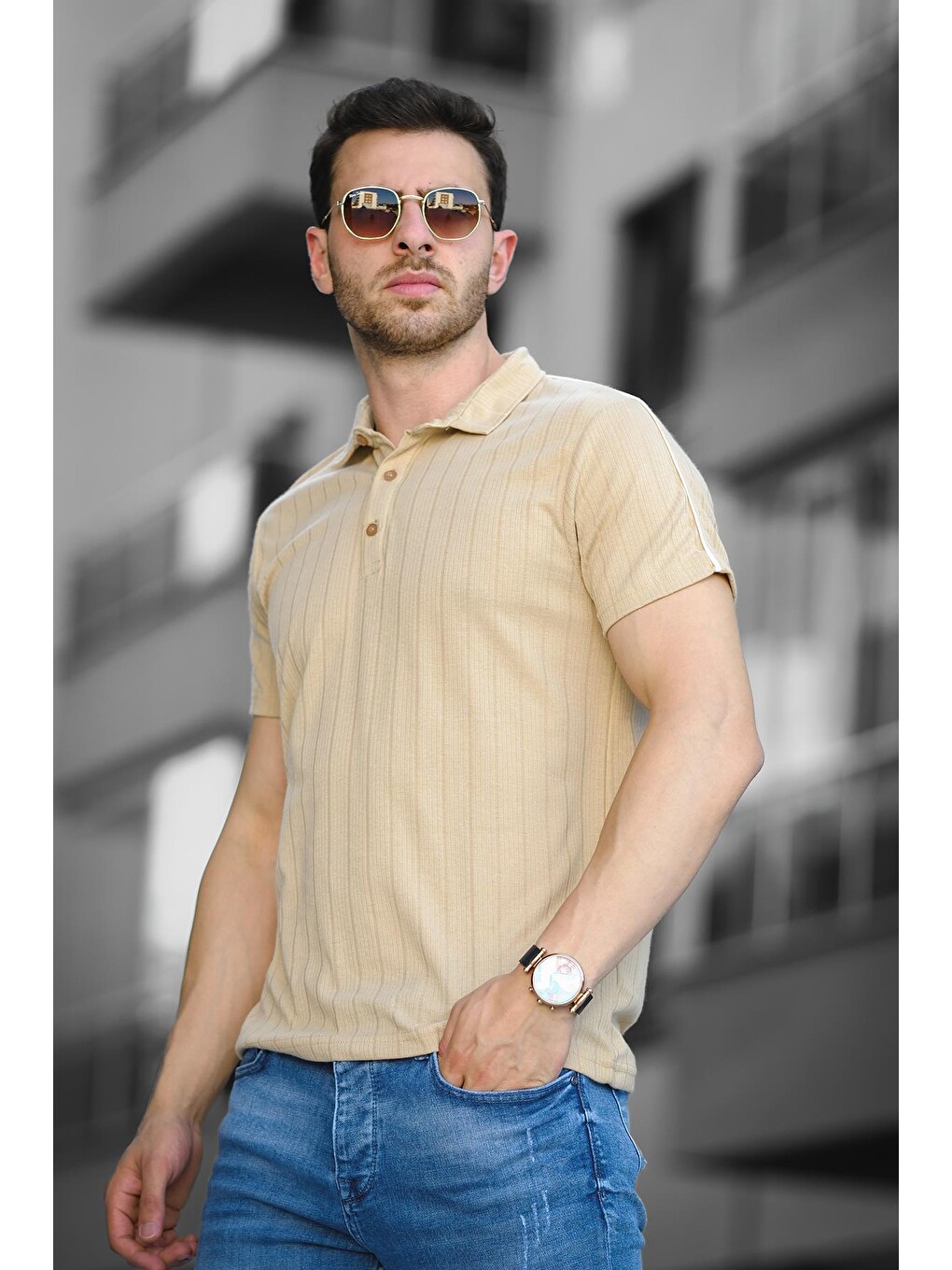 Bej Dumont Omzu Şerili Slim Fit Erkek Bisiklet Yaka Tişört