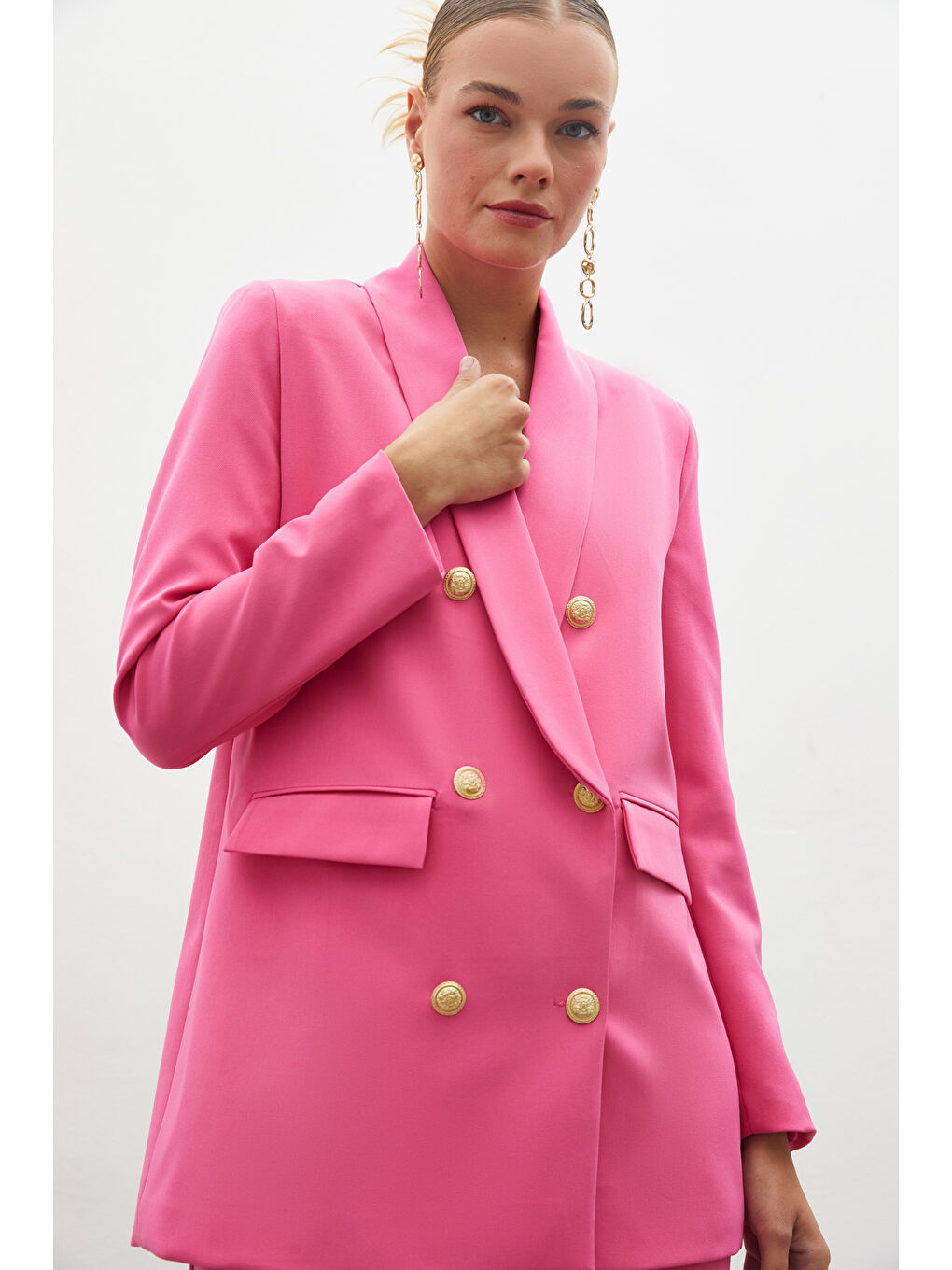 SATEEN Düğme Detaylı Kruvaze Ceket - Pembe - 3