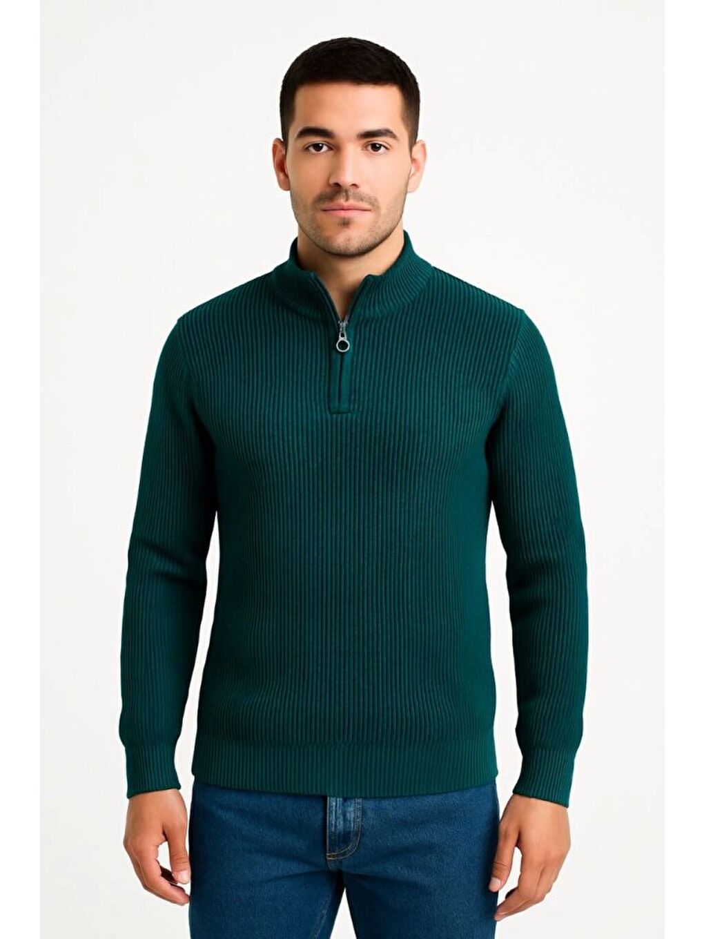 Haki Erkek Yarım Fermuarlı Triko Kazak-2