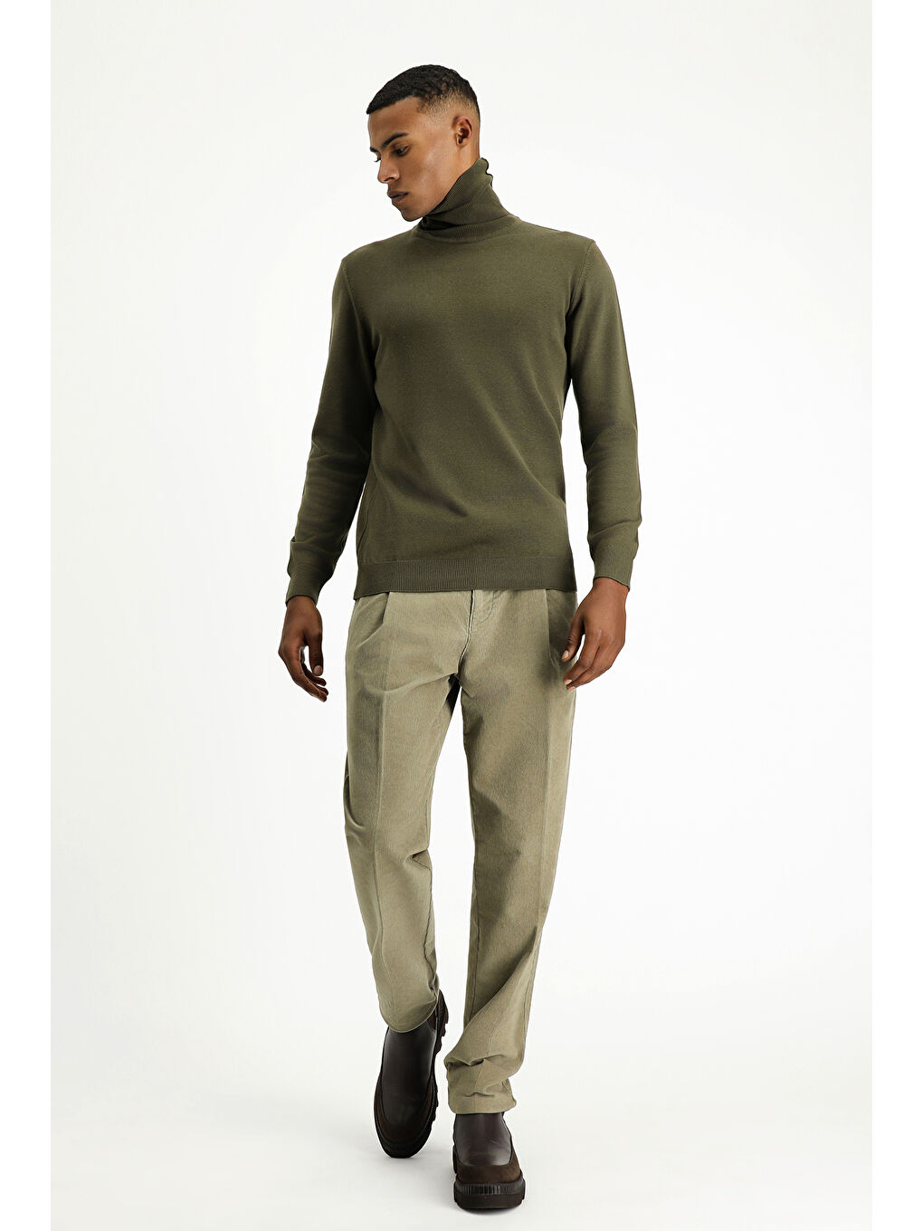 Haki Balıkçı Yaka Regular Fit Pamuklu Triko Büyük Beden Kazak-1