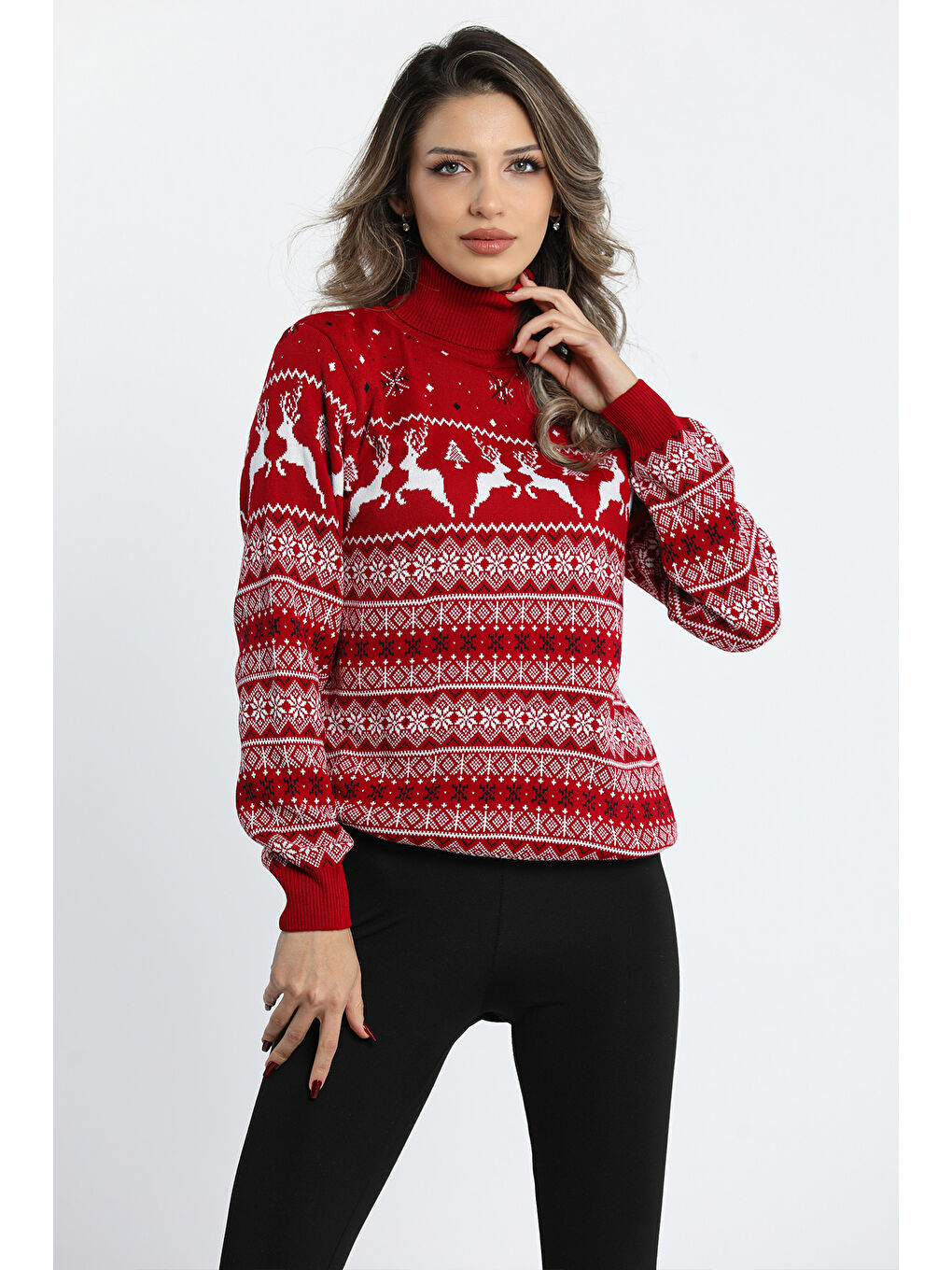 Bordo Kadın Tam Balıkçı Yaka Geyik Desenli Sevgili Çift Kombini Triko Kazak( Tekli Ürün )