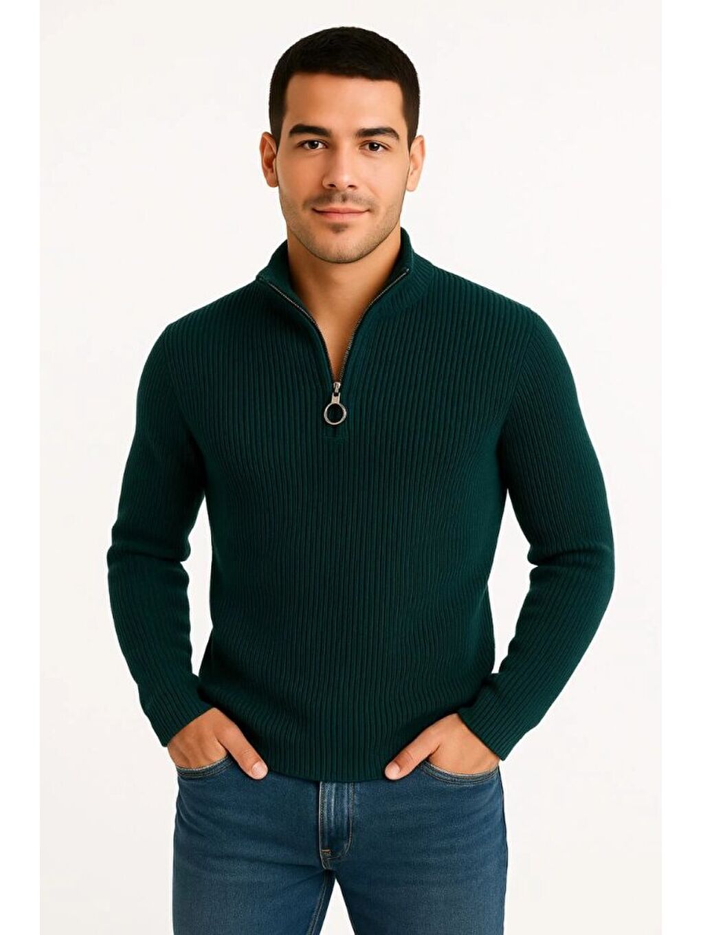 Haki Erkek Yarım Fermuarlı Triko Kazak-3