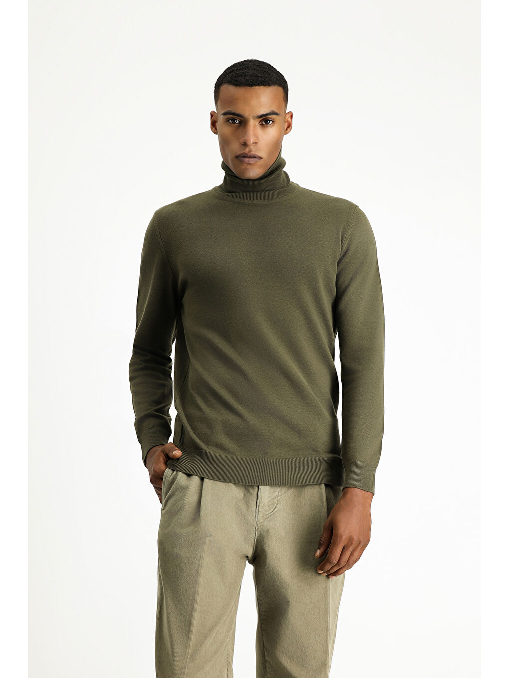 Haki Balıkçı Yaka Regular Fit Pamuklu Triko Büyük Beden Kazak-2