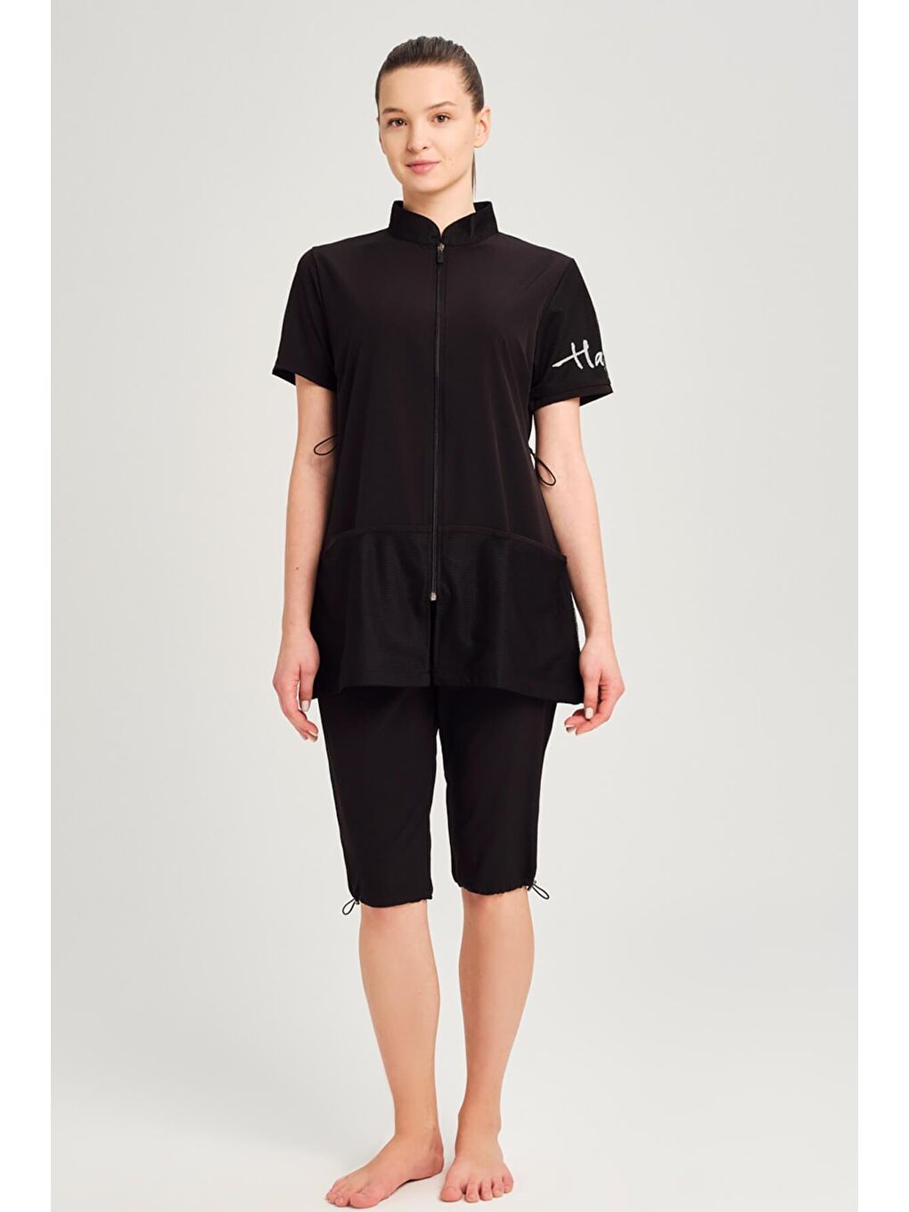 File Cep Detaylı Kısa Kol Fermuarlı Siyah 4 Parça Yarı Kapalı Mayo Takımı 2843-2