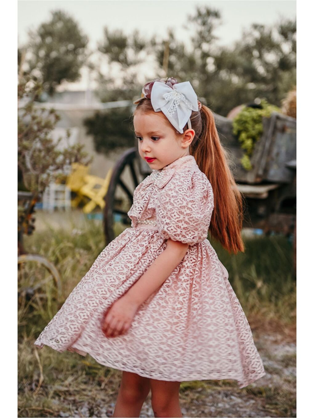 Pembe Özel Tasarım Kız Çocuk Elbise ,Taç Aksesuarlı, Dantel Doğum Günü Elbisesi, Çocuk Abiye_M2376-4