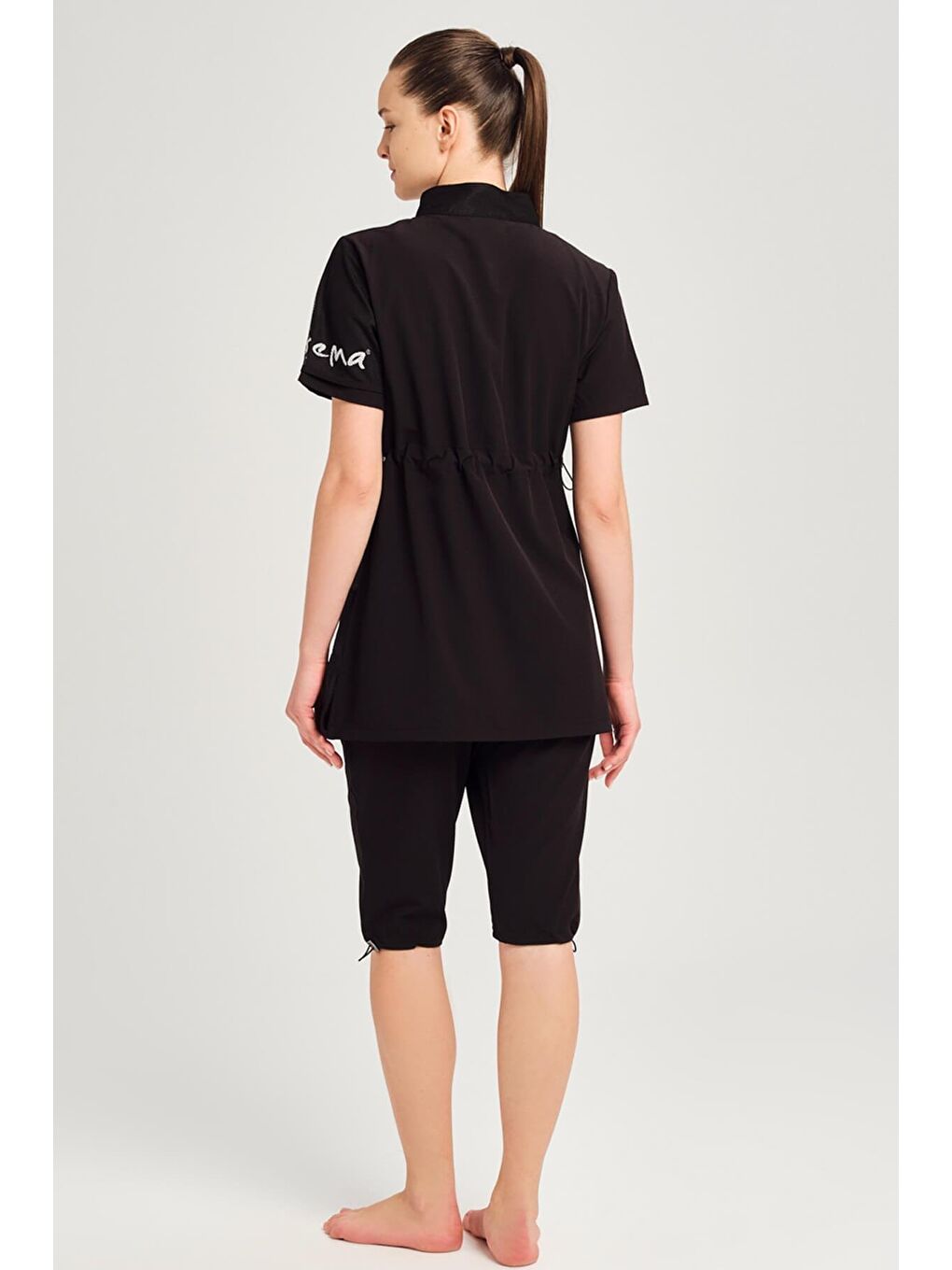 File Cep Detaylı Kısa Kol Fermuarlı Siyah 4 Parça Yarı Kapalı Mayo Takımı 2843-3