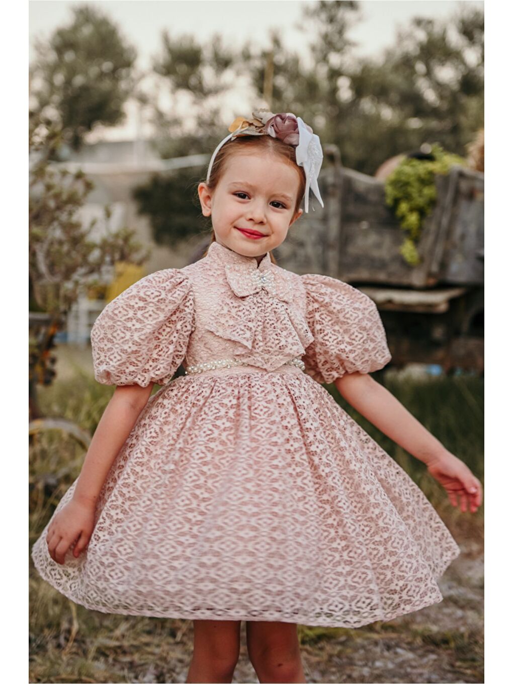Pembe Özel Tasarım Kız Çocuk Elbise ,Taç Aksesuarlı, Dantel Doğum Günü Elbisesi, Çocuk Abiye_M2376-5